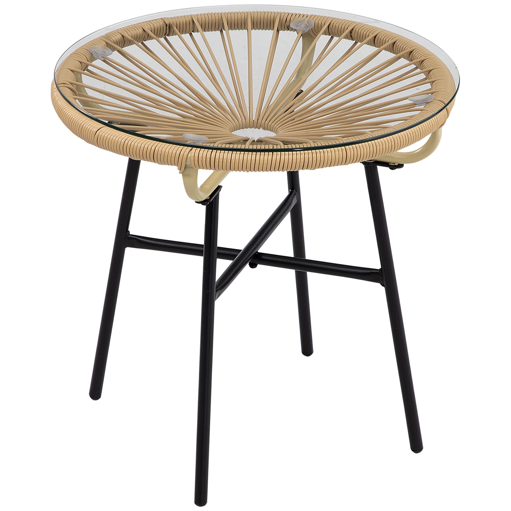 Round Rattan Side Table with Tempered Glass Top for Outdoor Patio Garden Balcony - Black