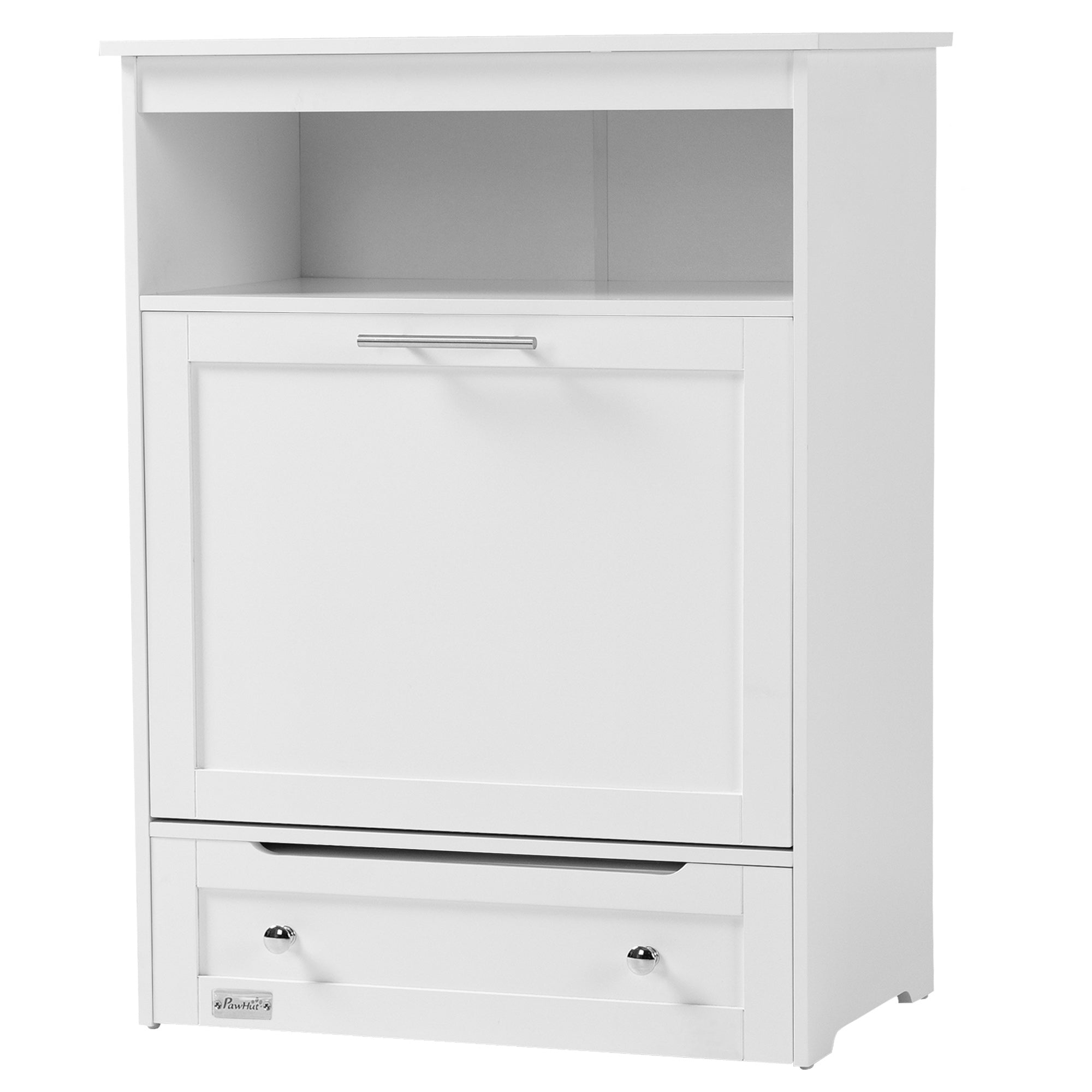 Pet Feeder Station Storage Cabinet with Raised Bowls & Hanger for Feeding Supplies - White