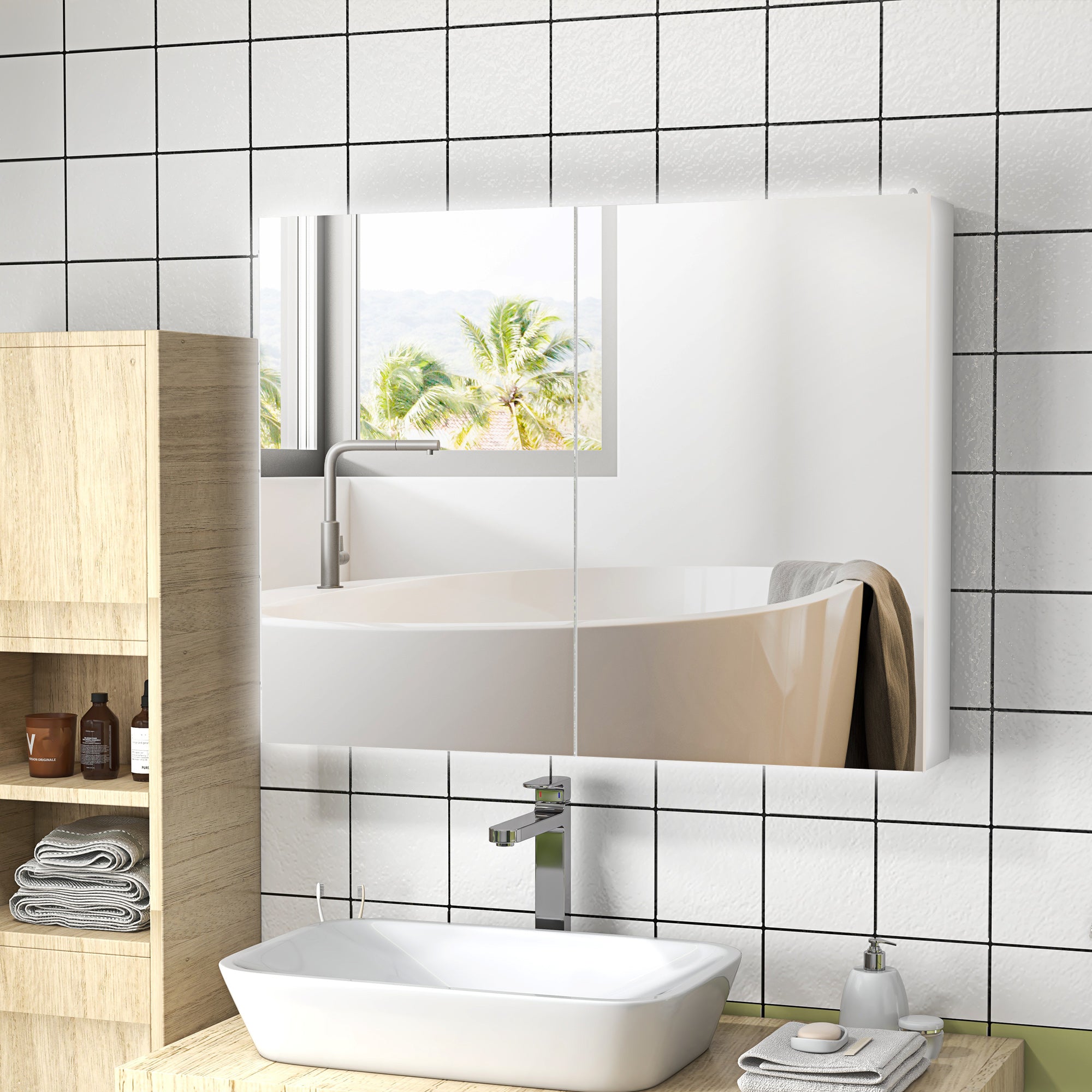 Modern Bathroom Mirror Cabinet with Adjustable Shelves and USB Charging - White
