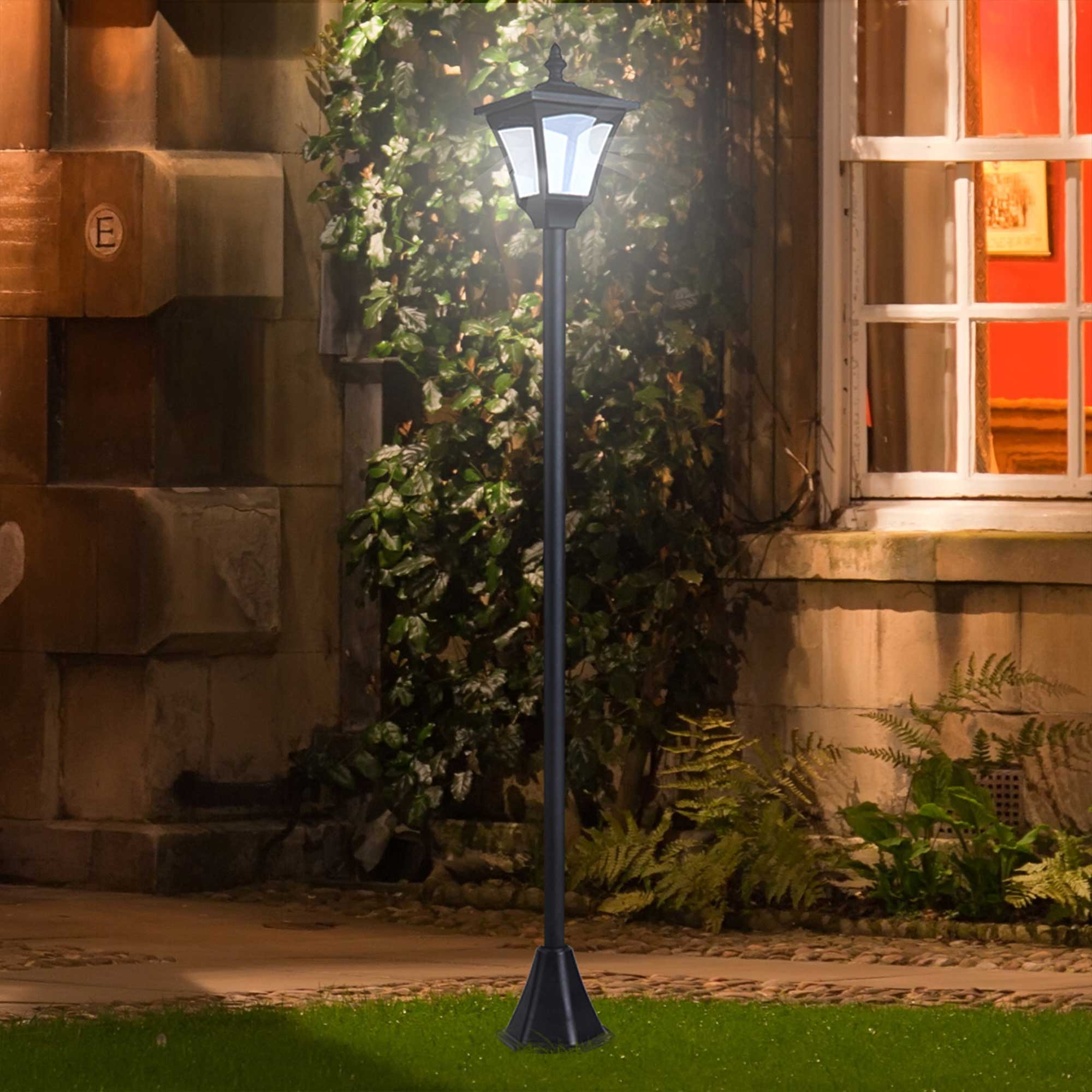 Outdoor Solar Powered LED Post Lamp with Sensor and Dimmable Light - Black