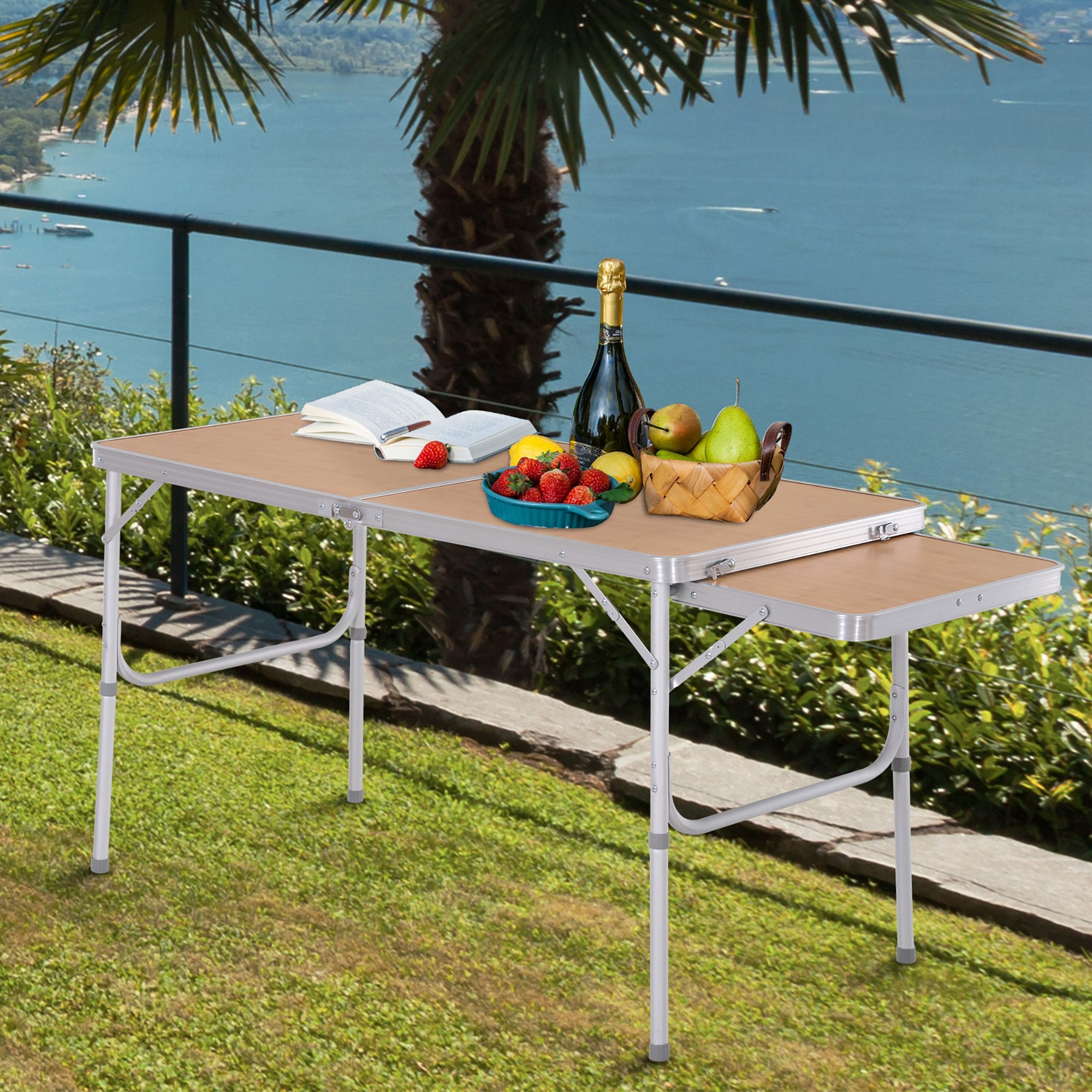 4ft Folding Portable Outdoor Table with Pull-Out Side Table Aluminium Frame - Silver
