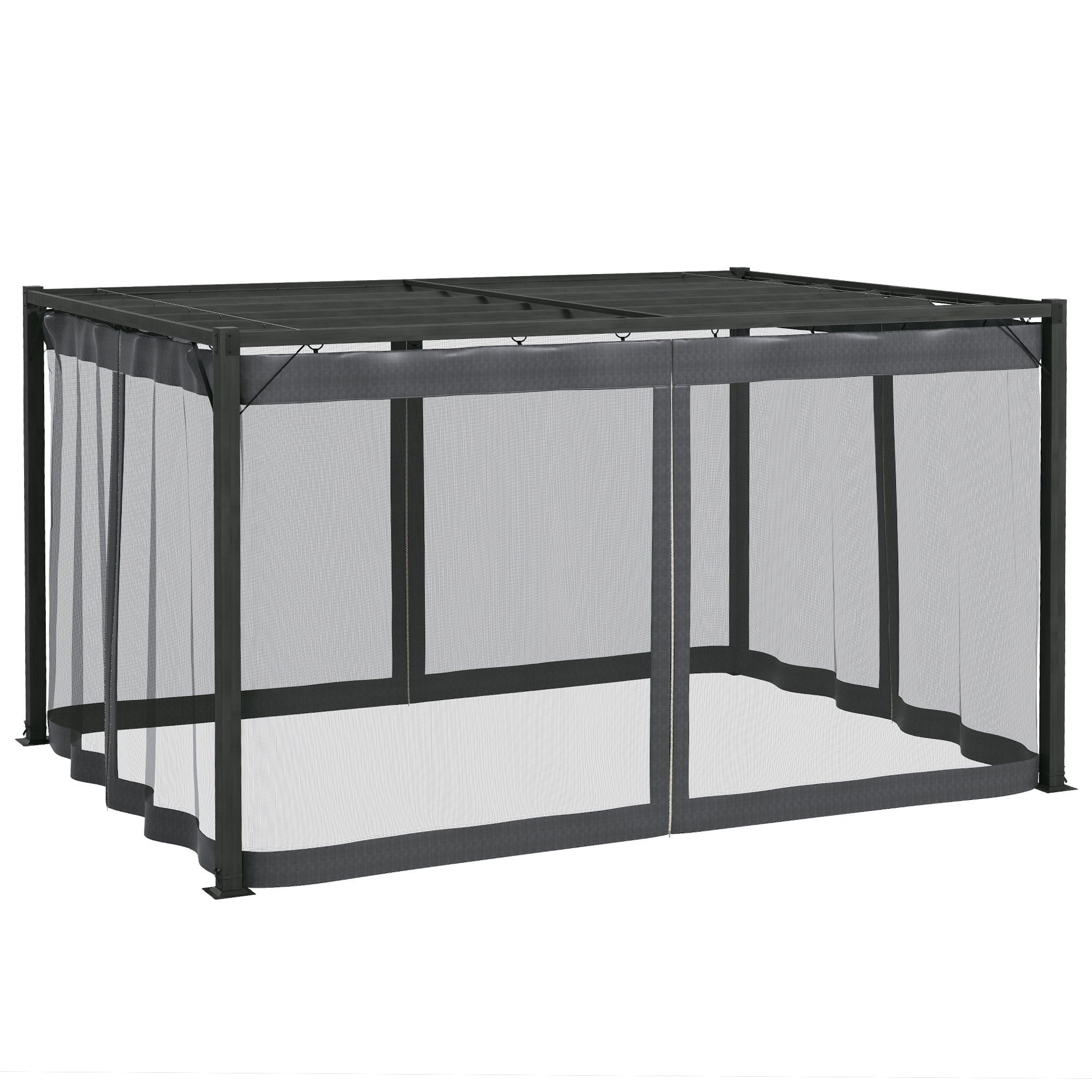 Set of 3 Retractable Pergola Gazebo with Nettings for Outdoor Shade - Dark Grey