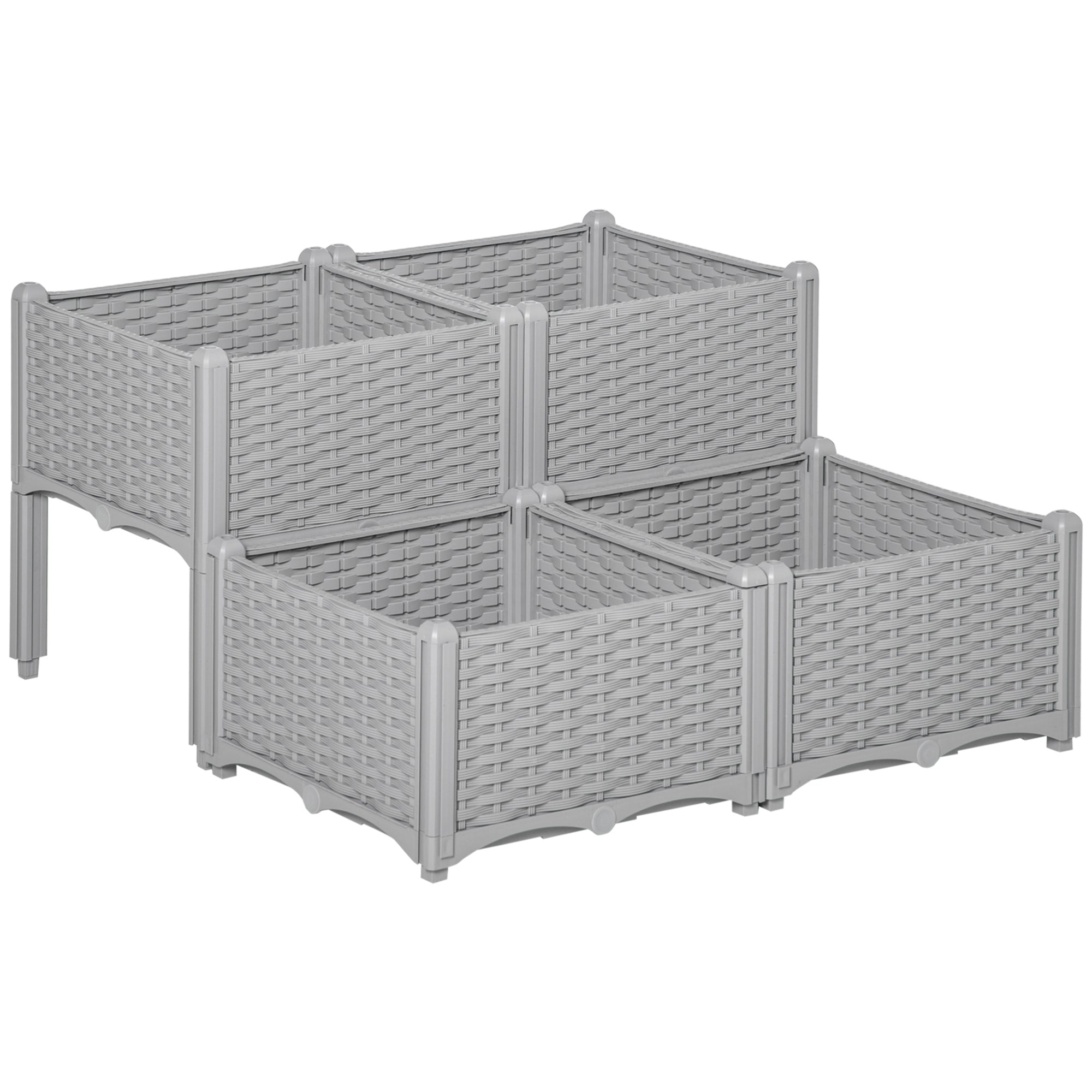 Set of 4 Raised Garden Beds with Self-Watering Planters Two-Tier Design - Grey