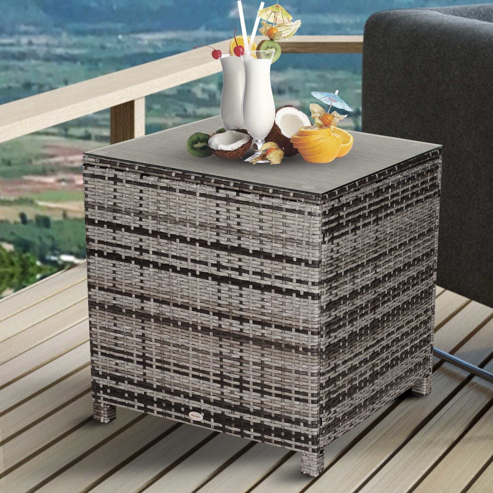 Rattan Side Table with Tempered Glass Top - Grey Garden Patio