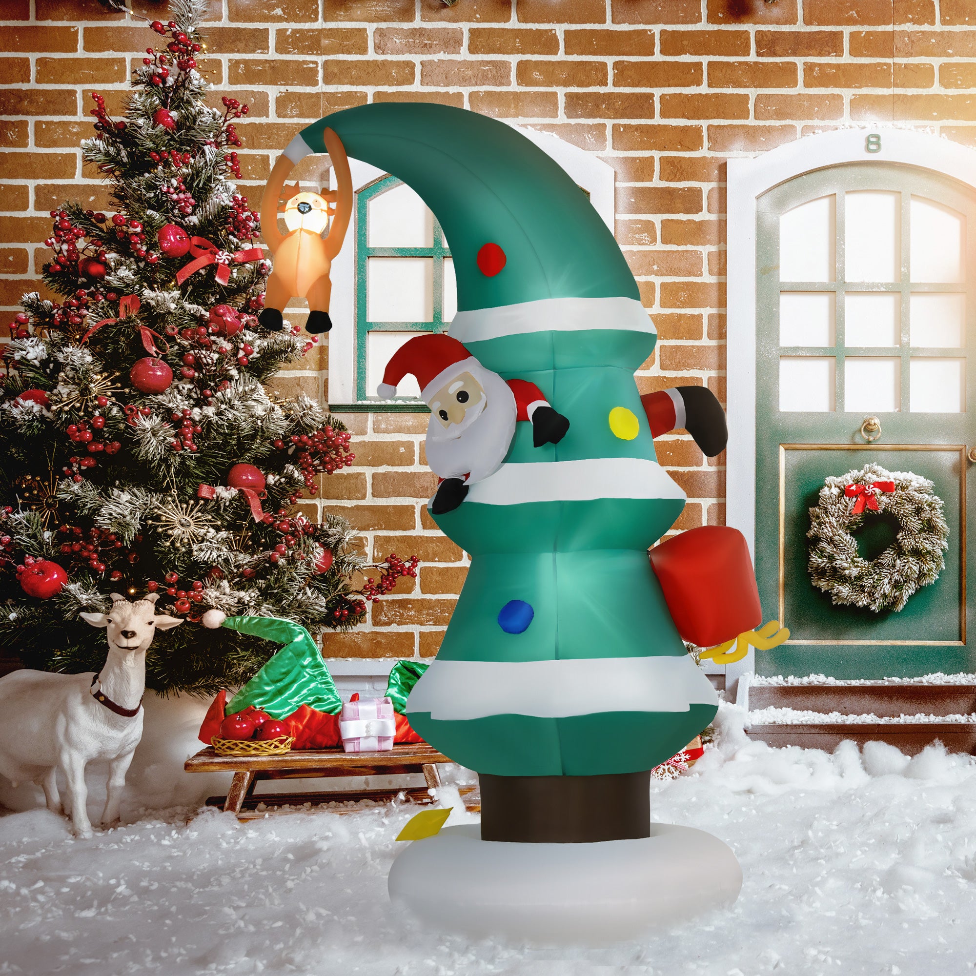 7 Ft Inflatable Christmas Tree with Santa and Rudolph LED Display - Multicolour