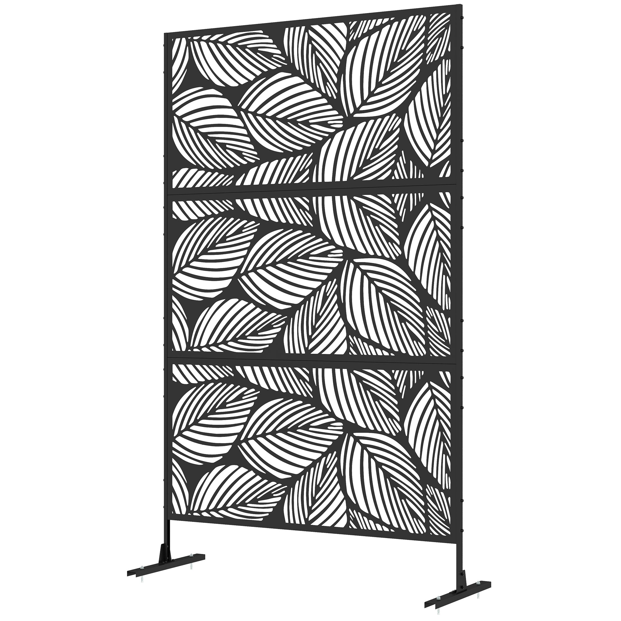 Metal Decorative Outdoor Privacy Screen Divider with Leaf Design - Black