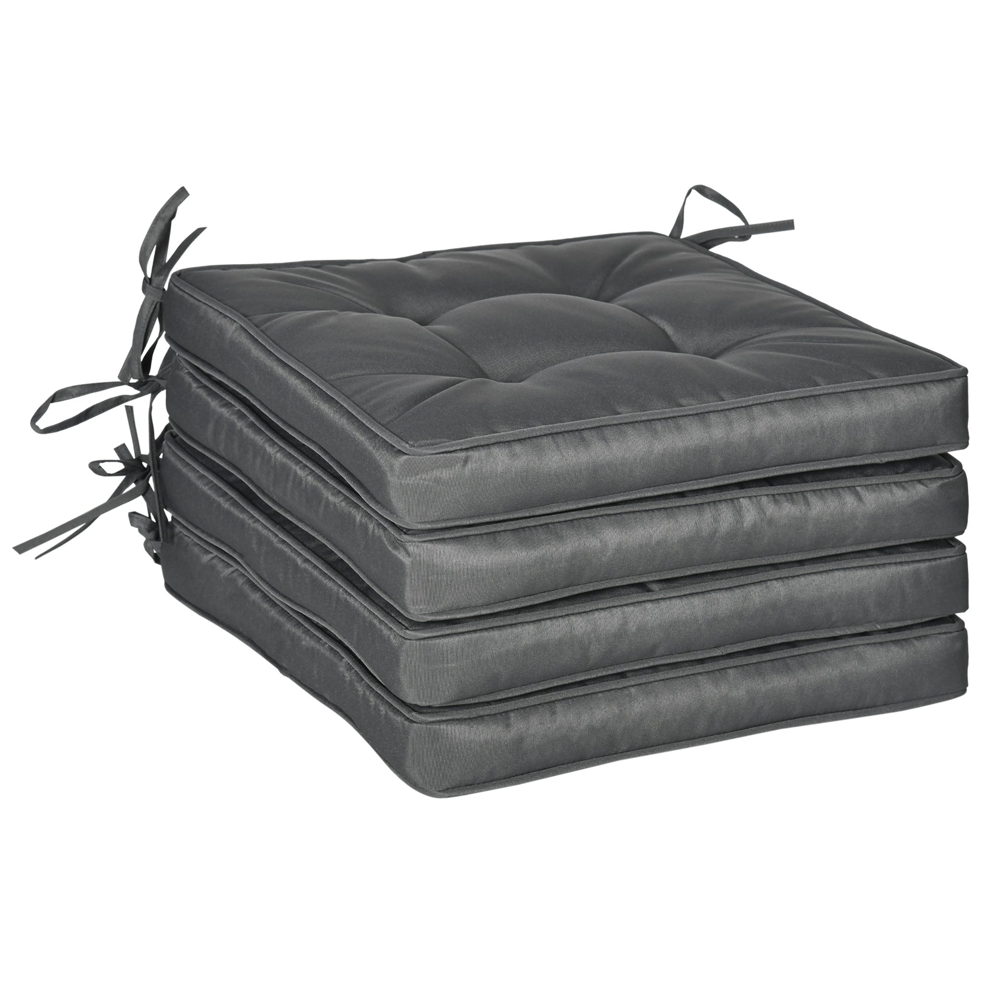 Set of 4 Garden Seat Cushions with Ties - Grey Polyester Durable Pads