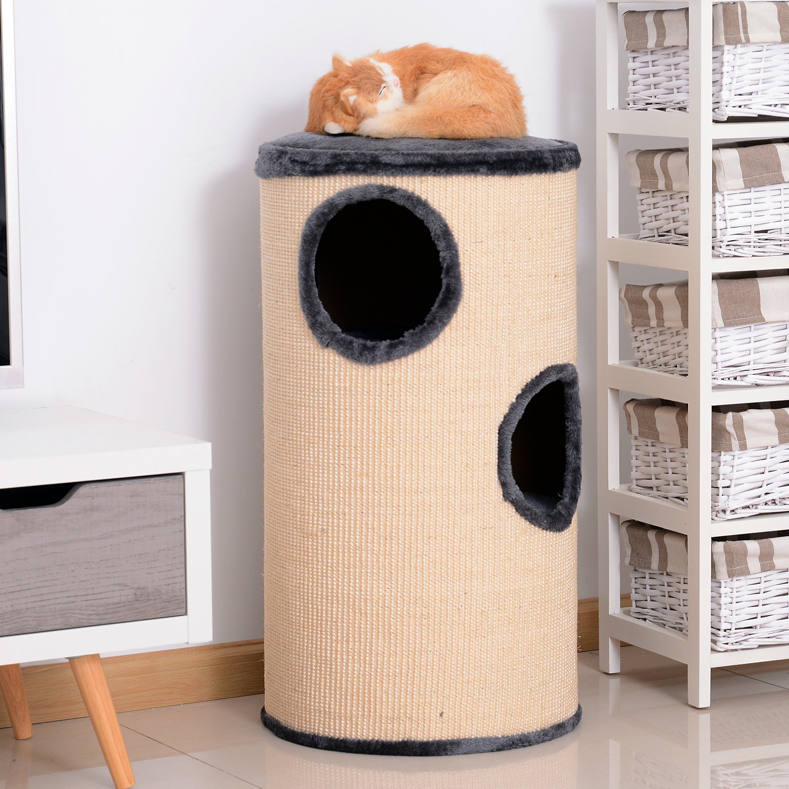Plush Cat Tree with Scratching Barrel Ф38x70H cm - Beige/Grey