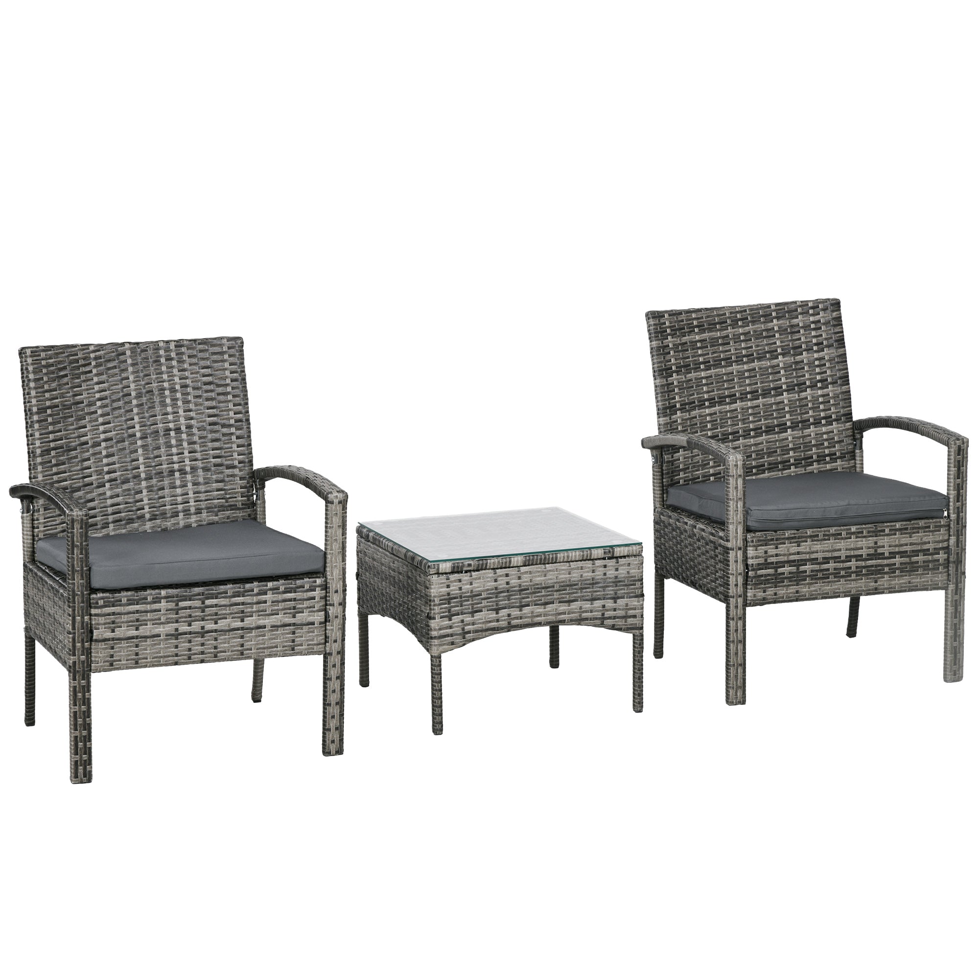 3 Piece Outdoor Rattan Bistro Set with Cushioned Chairs & Coffee Table - Mixed Grey