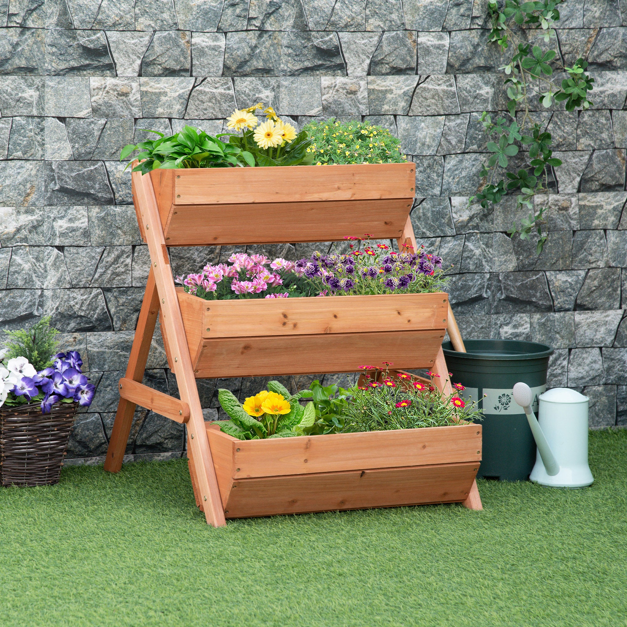 3 Tier Wooden Raised Garden Bed Kit with Drainage Holes - Brown