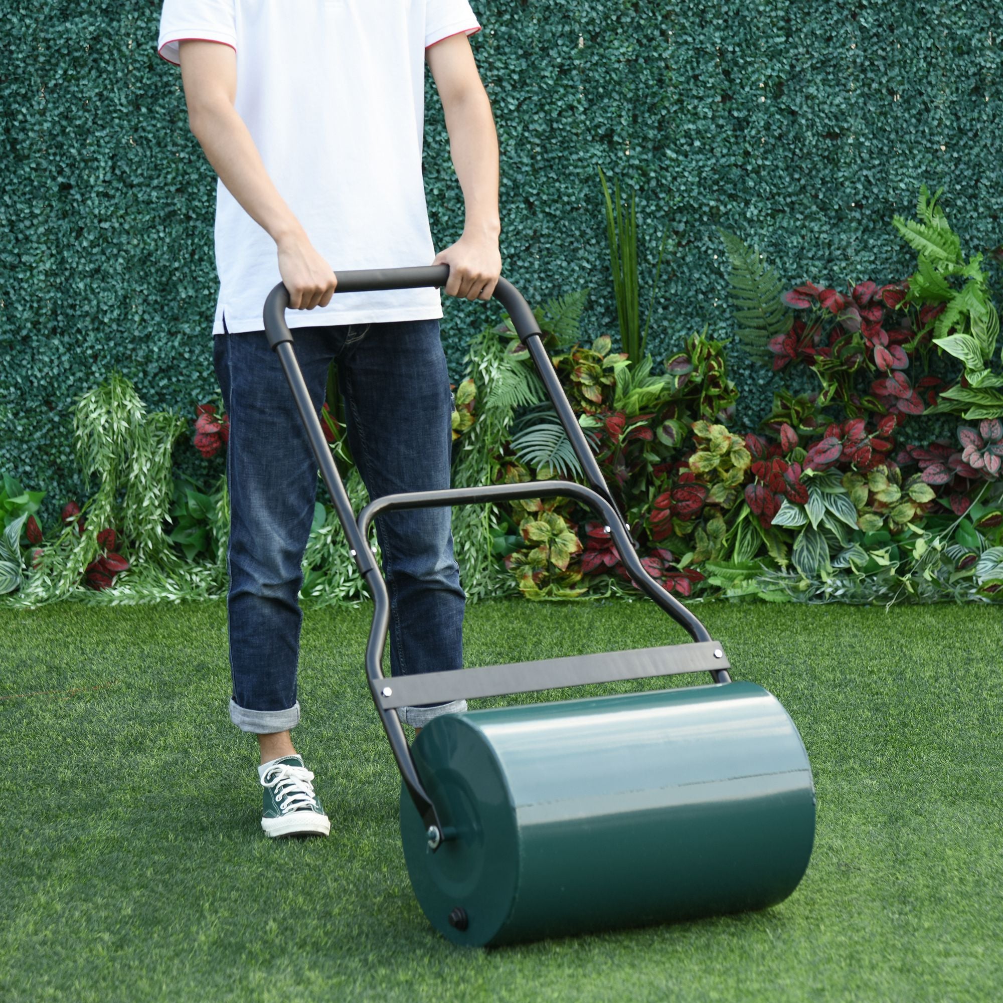 40L Steel Lawn Roller with Collapsible Handle for Even Lawn - Green