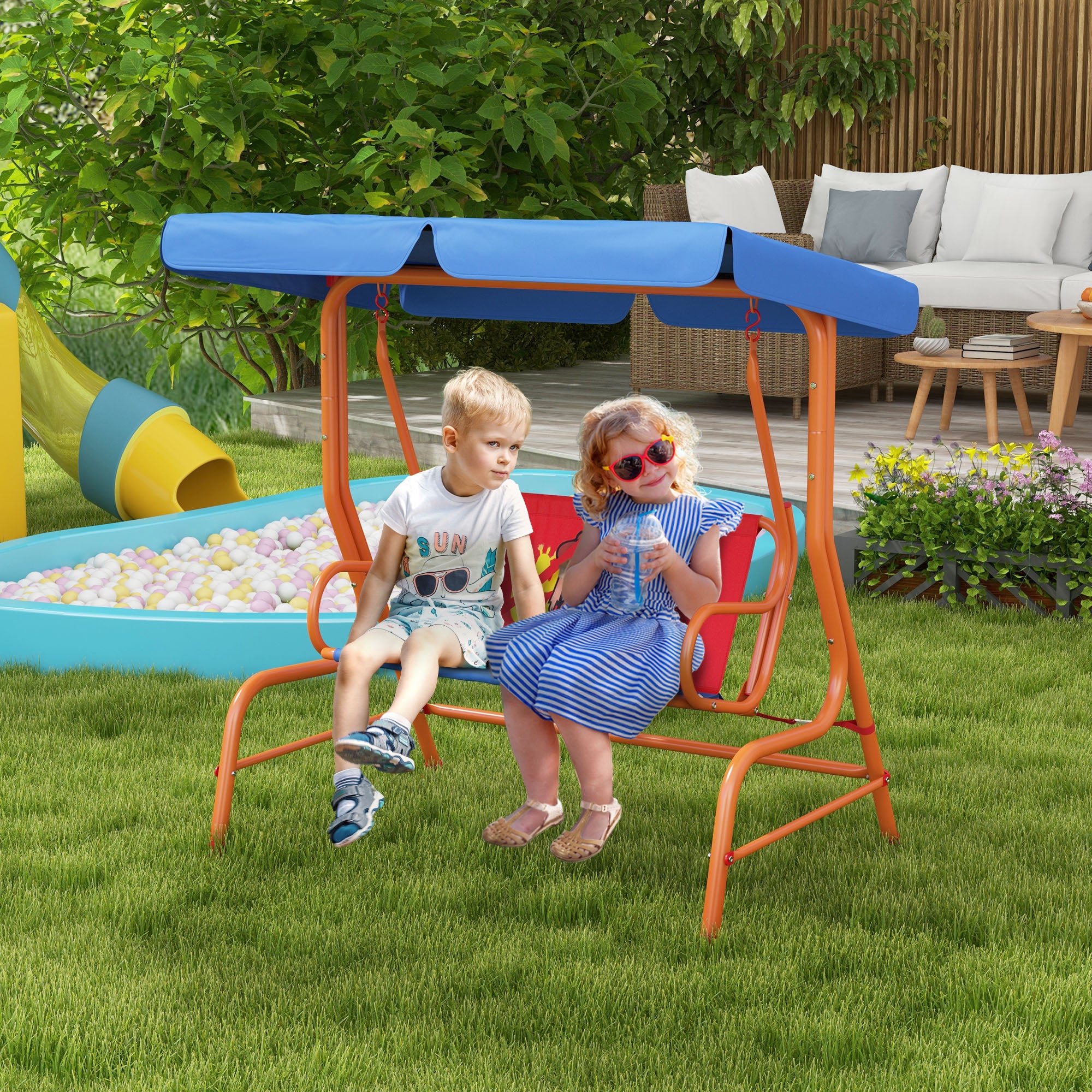 Two Seater Kids Garden Swing with Adjustable Canopy and Safety Belts - Cowboy Theme