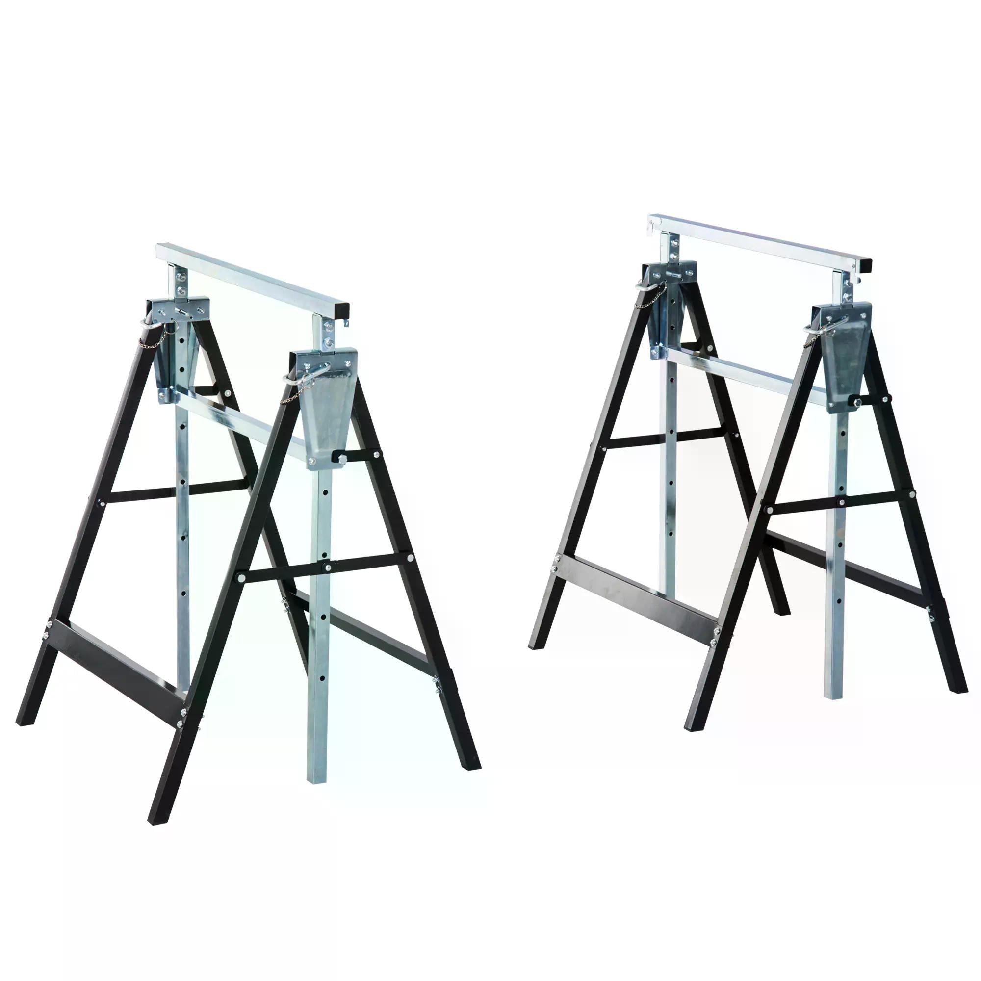 Set of 2 Adjustable Telescopic Builders Trestles Folding Steel Work Benches - Black