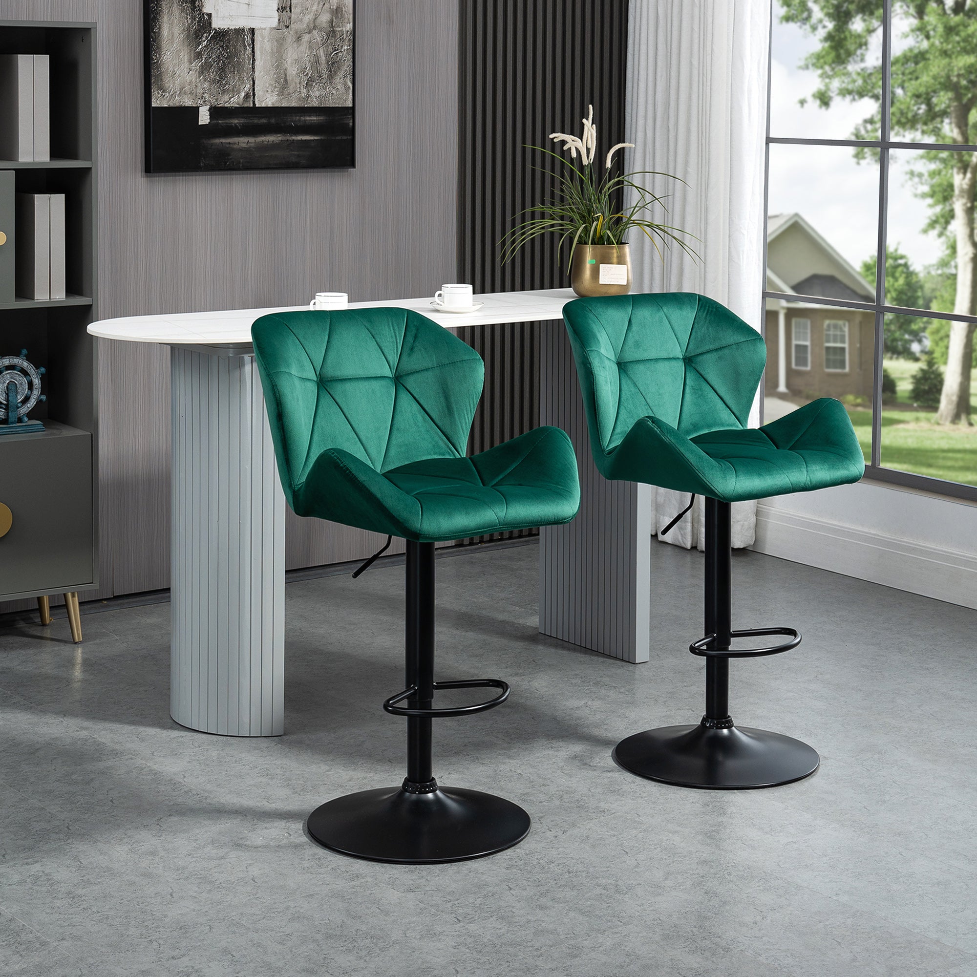 Luxurious Velvet Bar Stools Set of 2 with Adjustable Height - Green