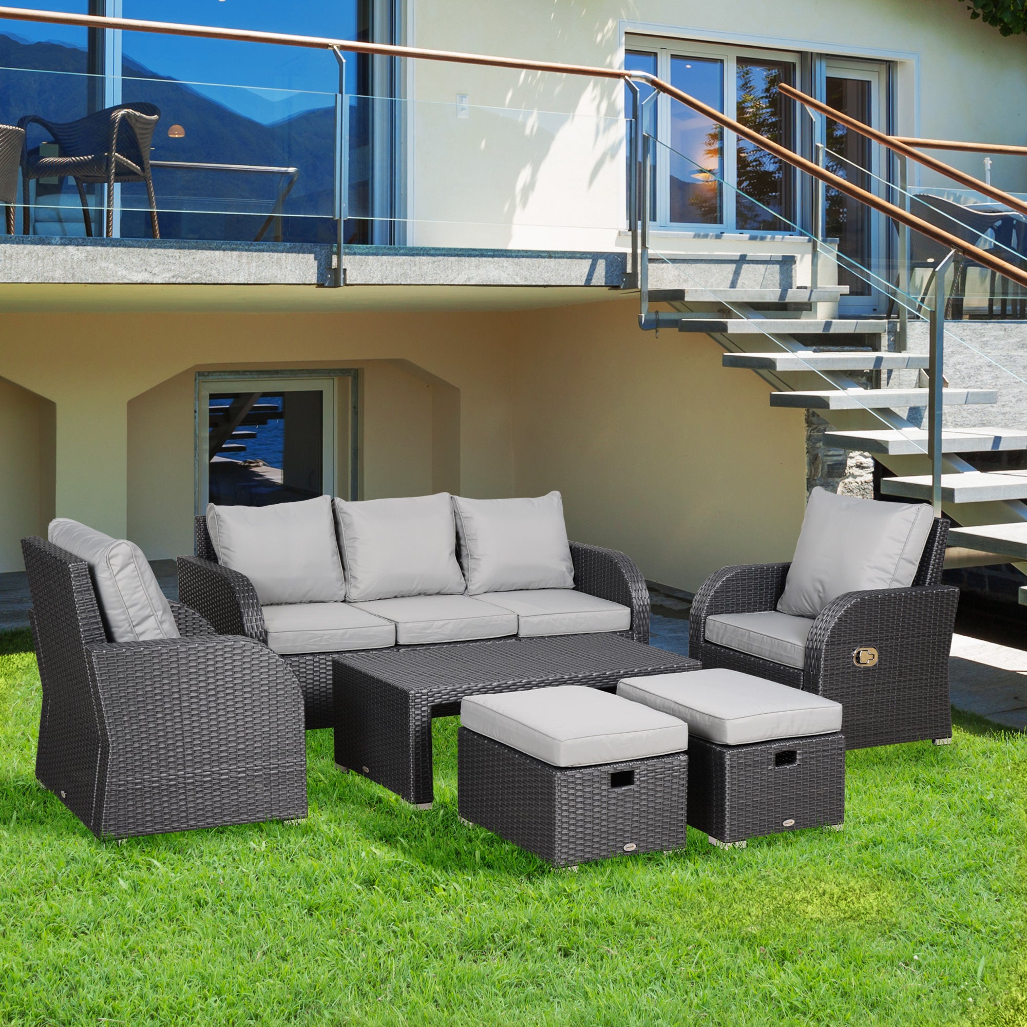7 Piece Rattan Garden Furniture Set with Reclining Chairs - Light Grey