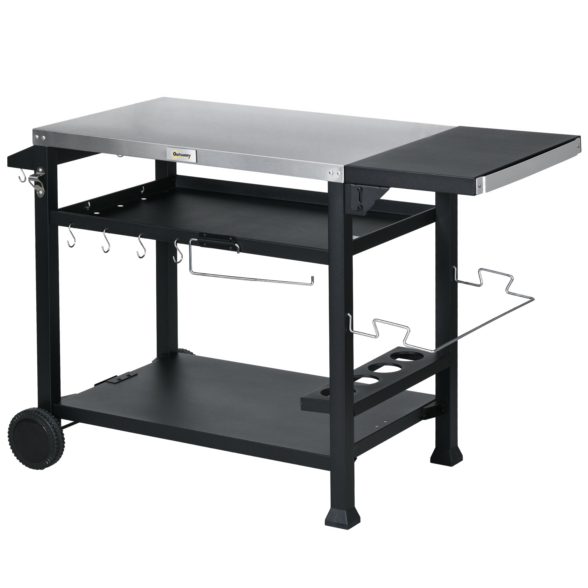 Multi-Feature BBQ Grill Table with Stainless Steel Top - Black