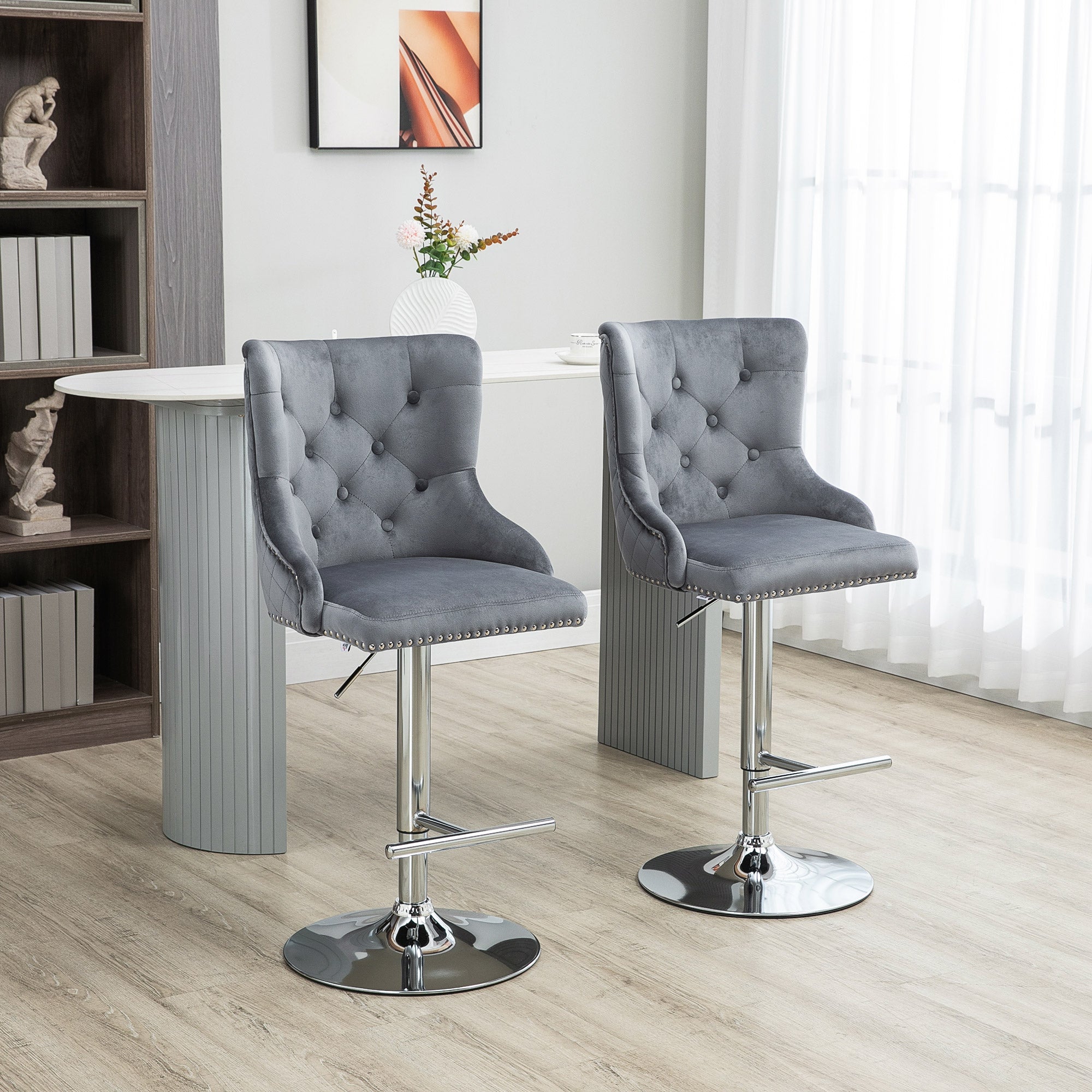 Modern Adjustable Velvet Bar Stools Set of 2 with Footrest - Grey