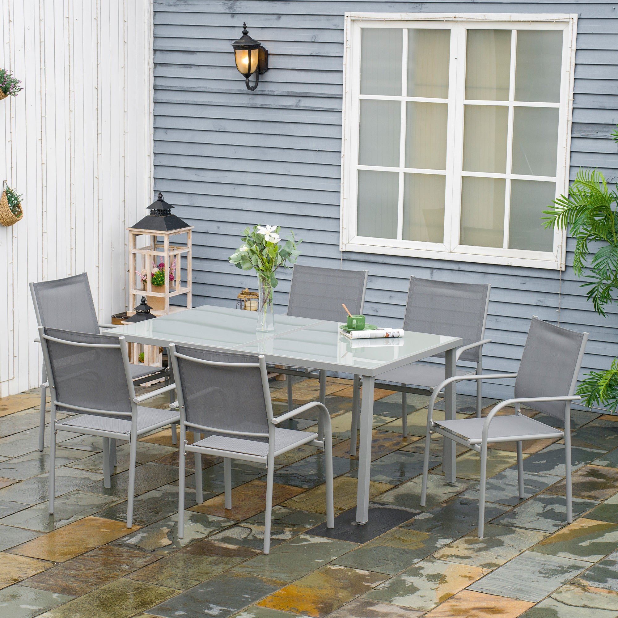 7 Piece Garden Dining Set with Tempered Glass Table and Stackable Chairs - Grey