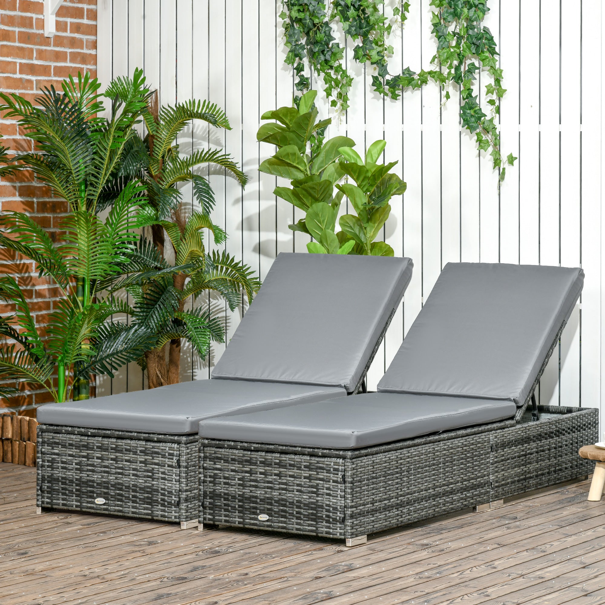 Set of 2 PE Rattan Sun Loungers with Cushions and Reclining Backrest - Grey