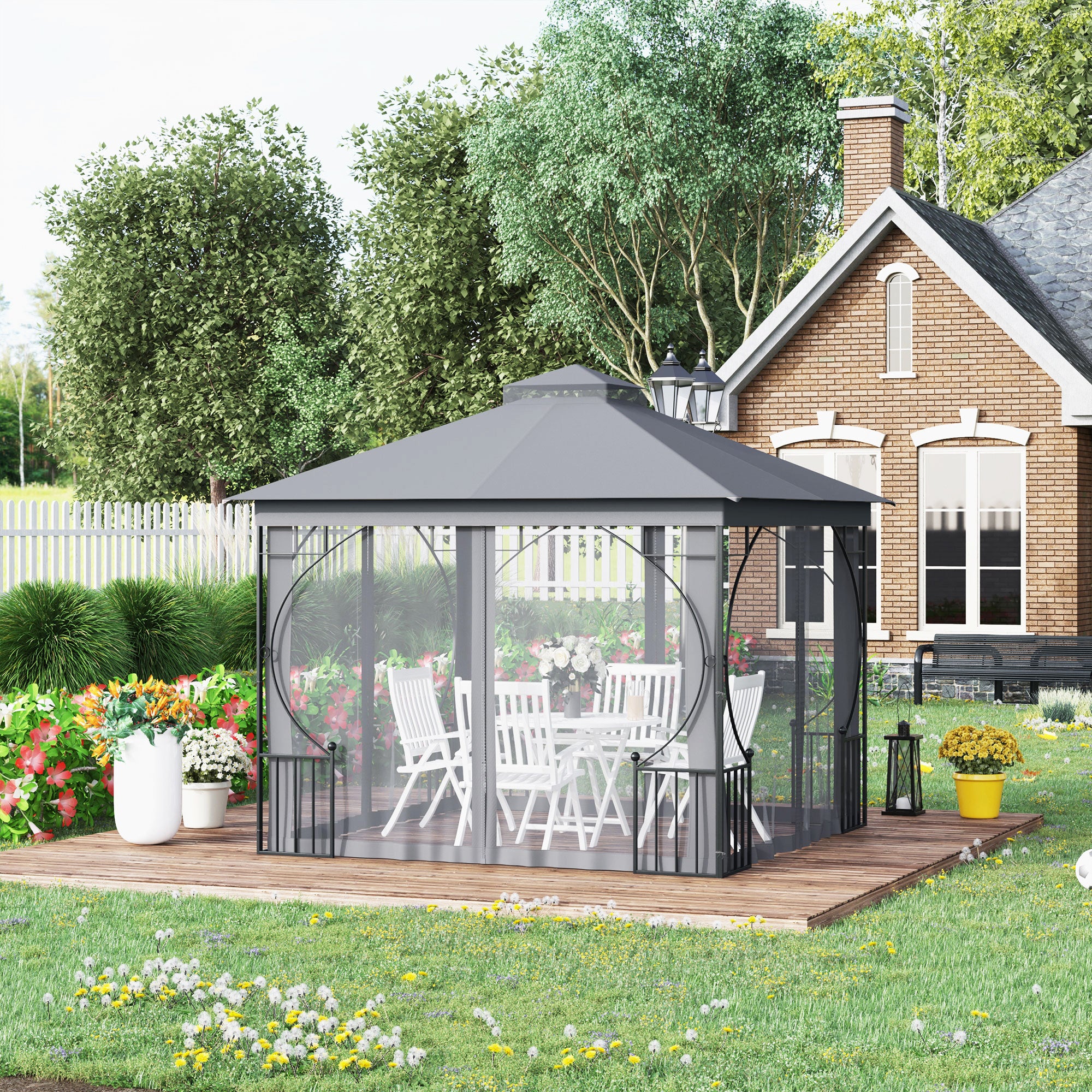 3x3 Metre Garden Gazebo Set with Mesh Sides and Metal Frame Light Grey