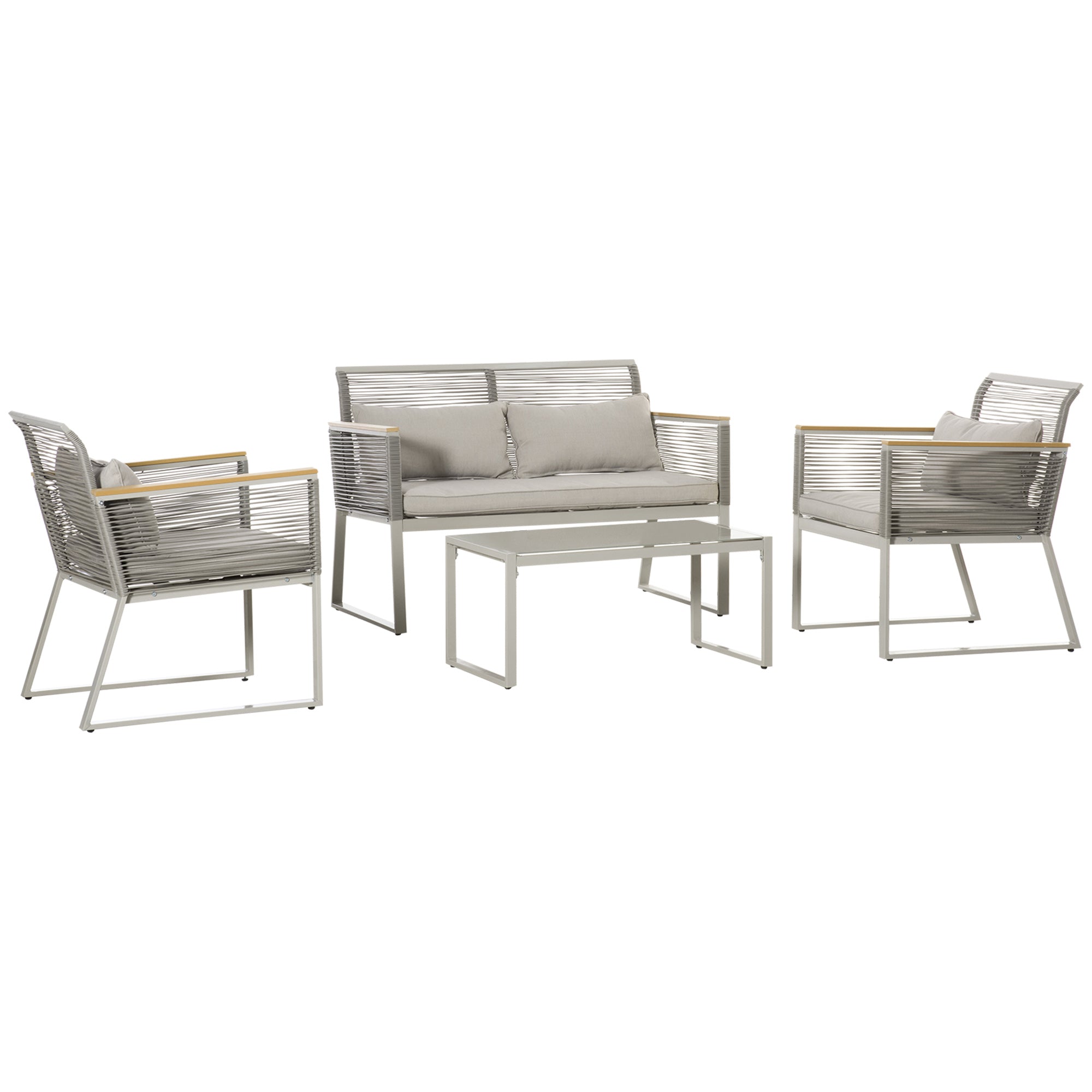 4 Piece Outdoor Wicker Sofa Set with Cushions and Tempered Glass Table Grey