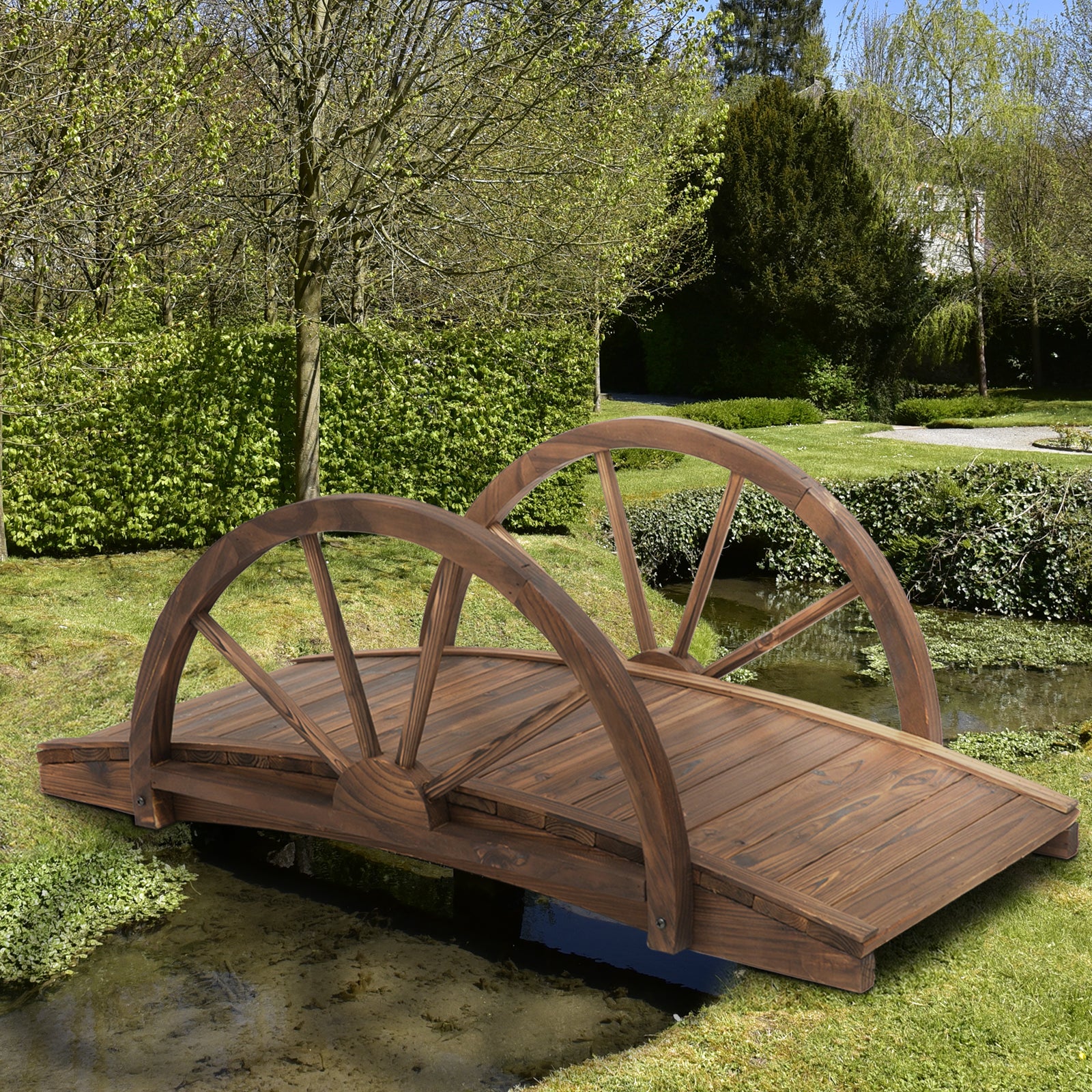 Wooden Garden Bridge 100L x 50W x 37H cm with Arc Railings - Stained Finish