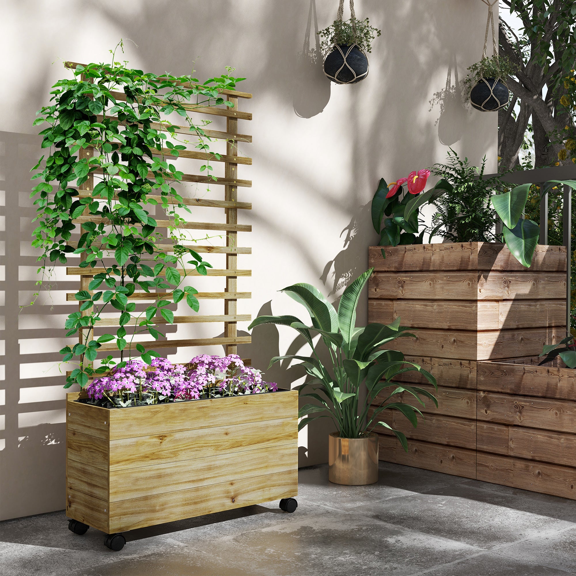 Wooden Garden Raised Bed with Trellis and Wheels 76x30cm - Natural Finish