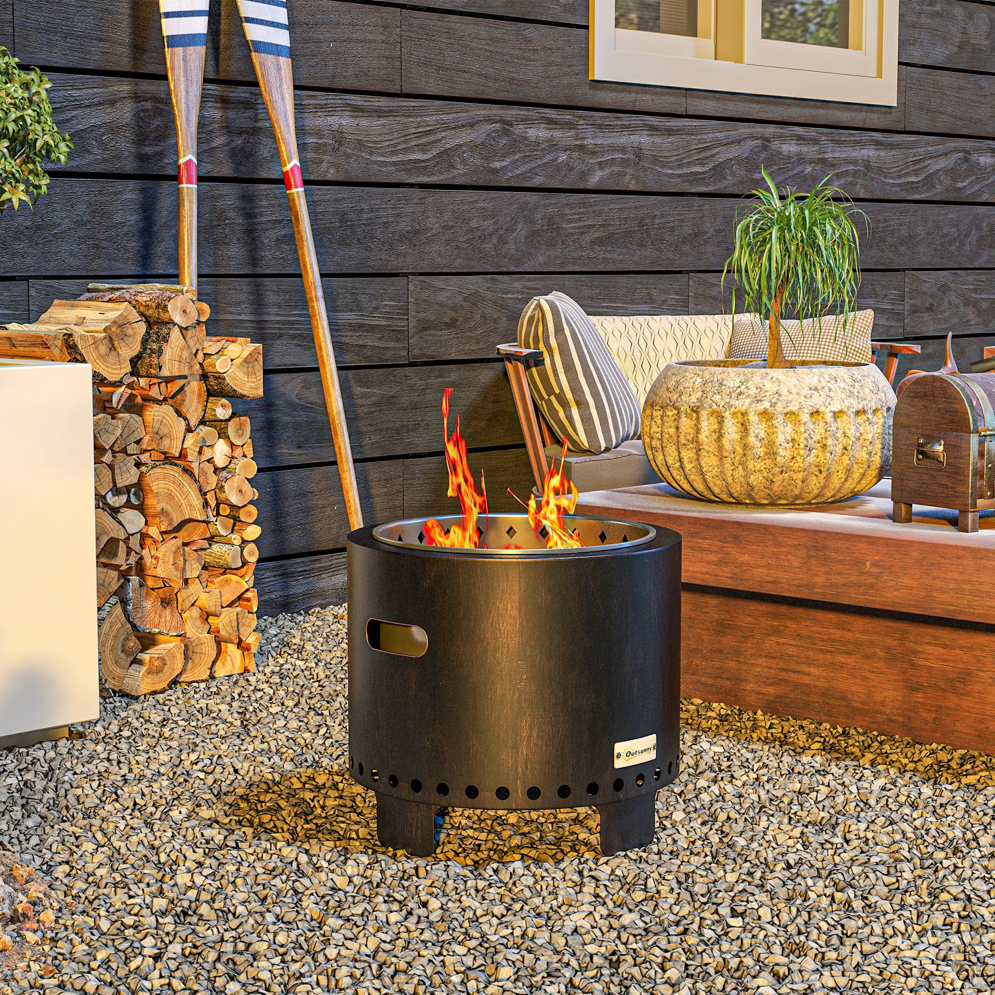 Smokeless Metal Wood-Burning Fire Pit with Poker - Black