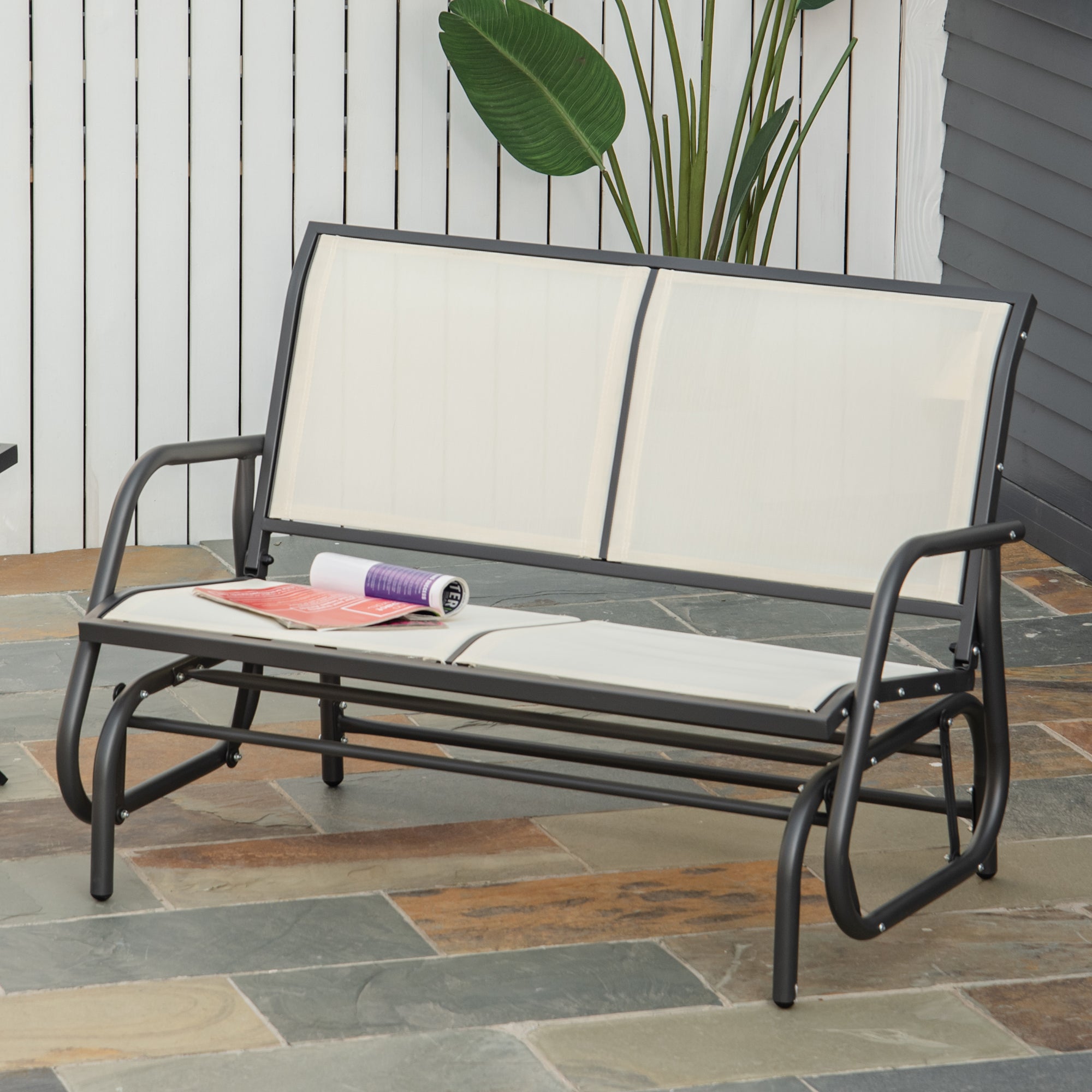 2-Person Outdoor Glider Bench Double Swing Loveseat with Powder-Coated Steel Frame - Beige