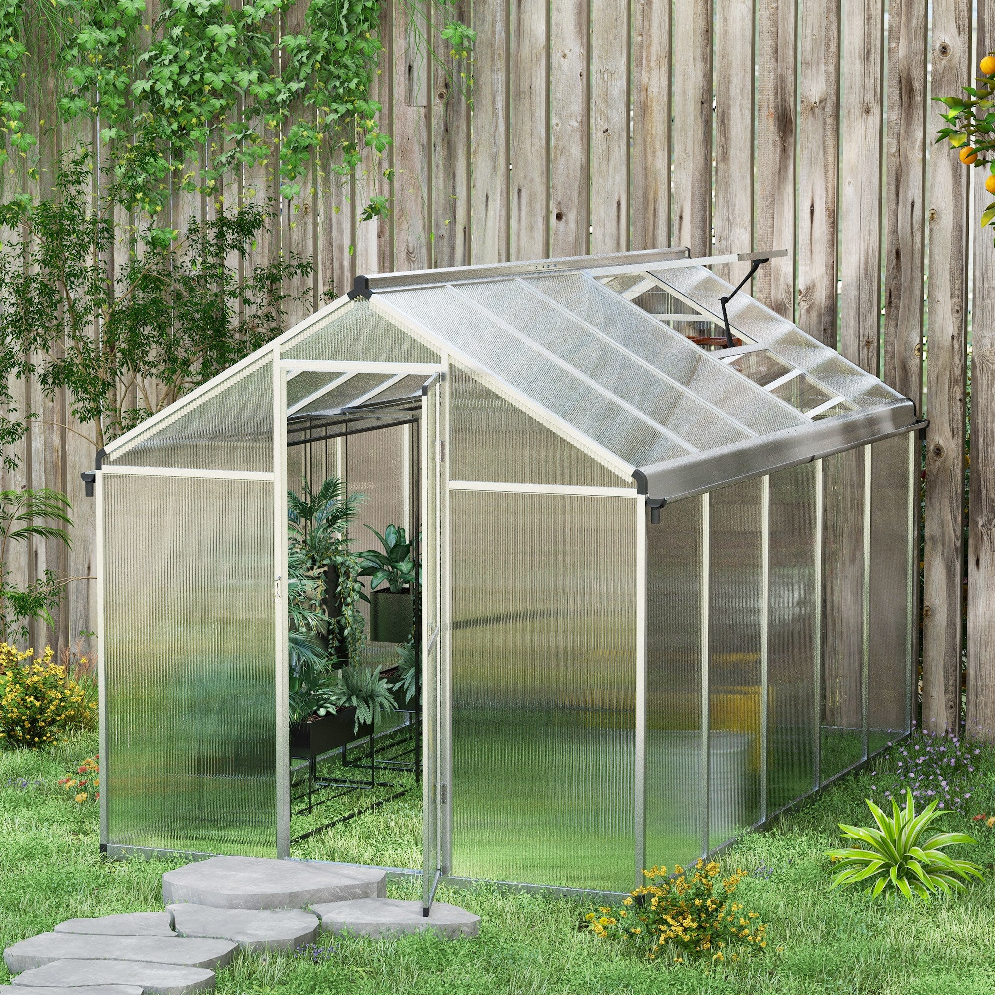 10 x 6ft Aluminium Polycarbonate Greenhouse Set with Rain Gutters - Clear
