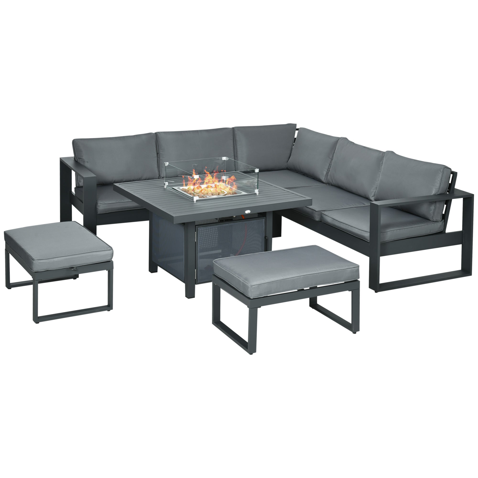 6 Piece Aluminium Garden Furniture Set with Fire Pit Table - Grey
