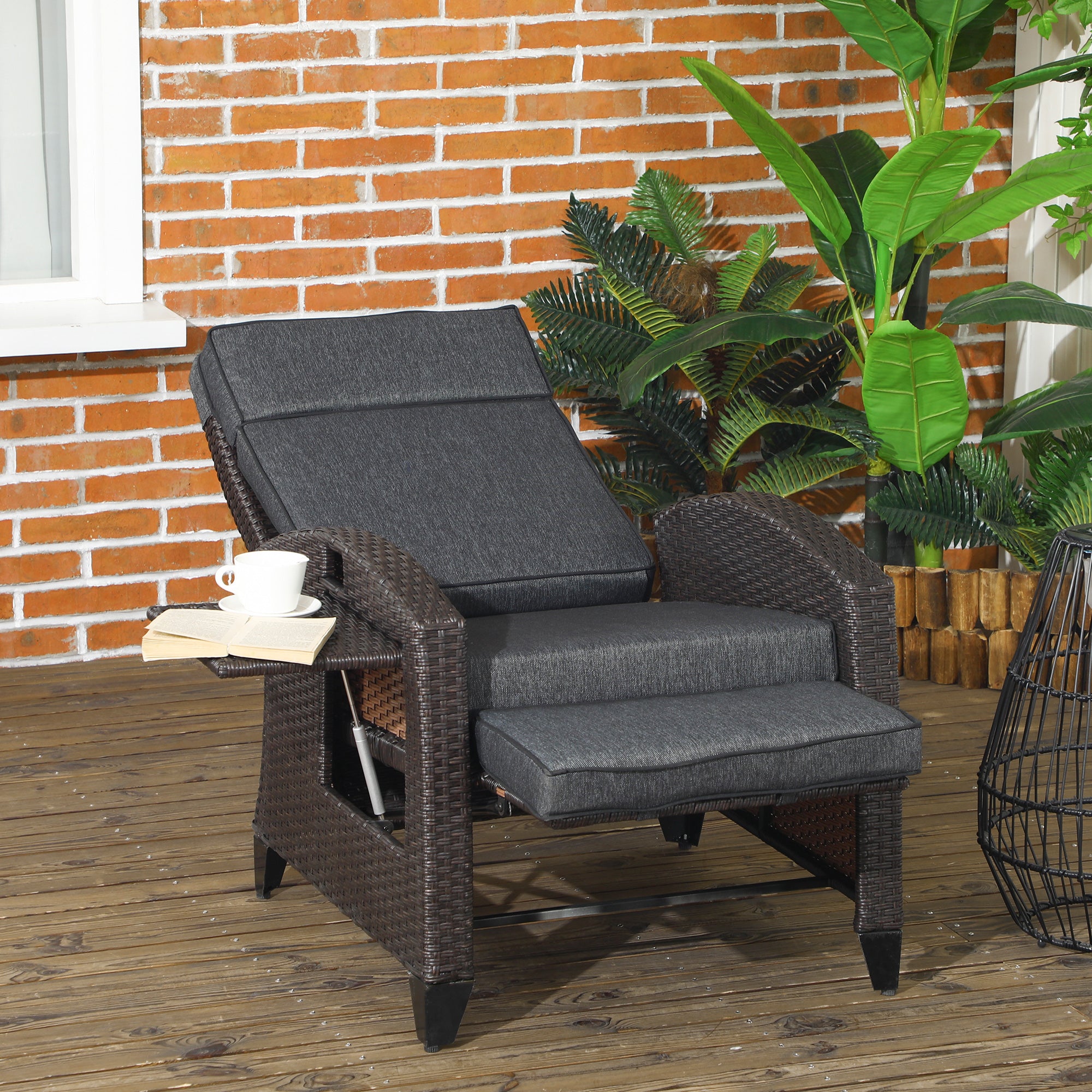 Outdoor Recliner Chair with Adjustable Backrest, Footrest, Cushion & Side Tray - Grey