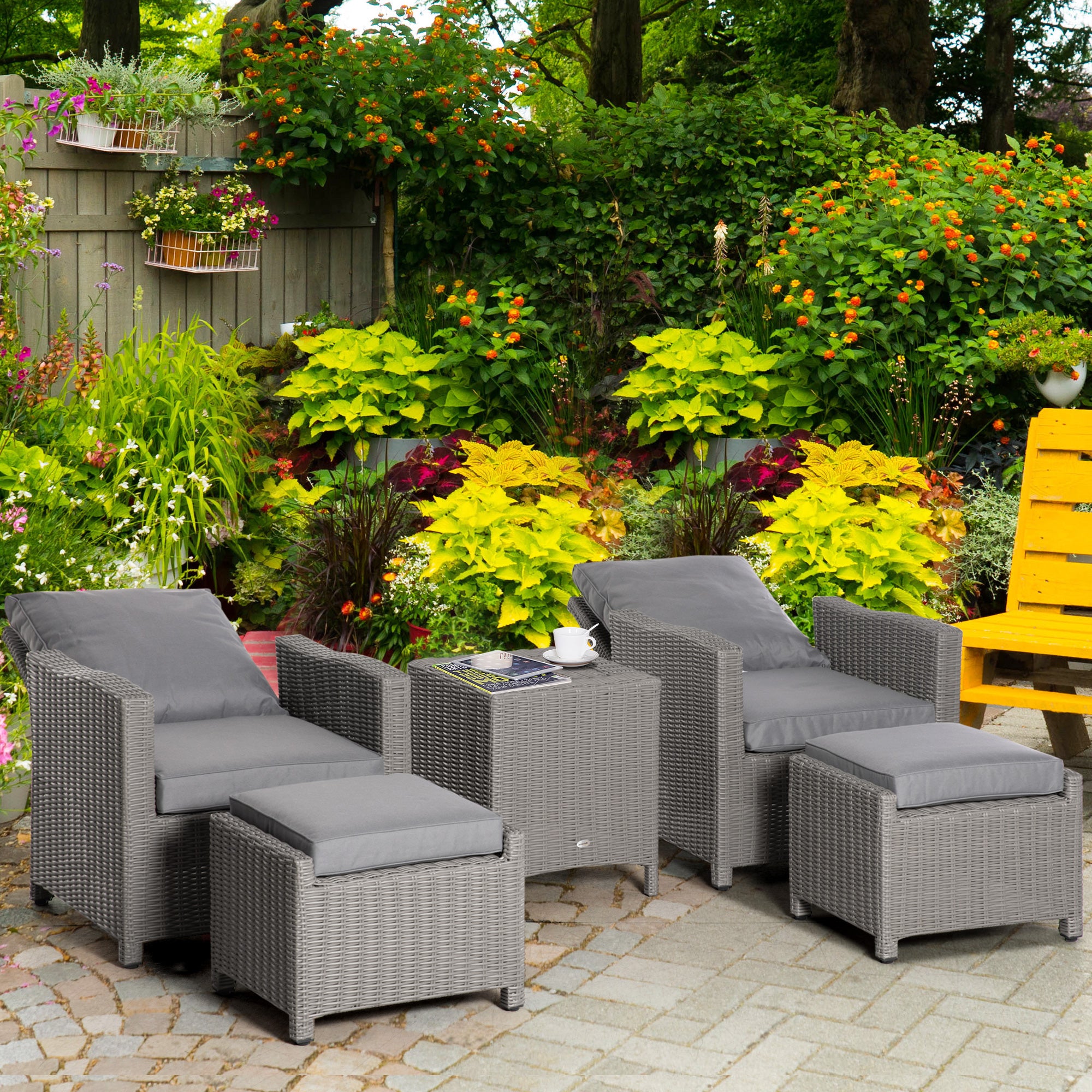 5 Piece Outdoor PE Rattan Patio Furniture Set with Olefin Cushions - Grey