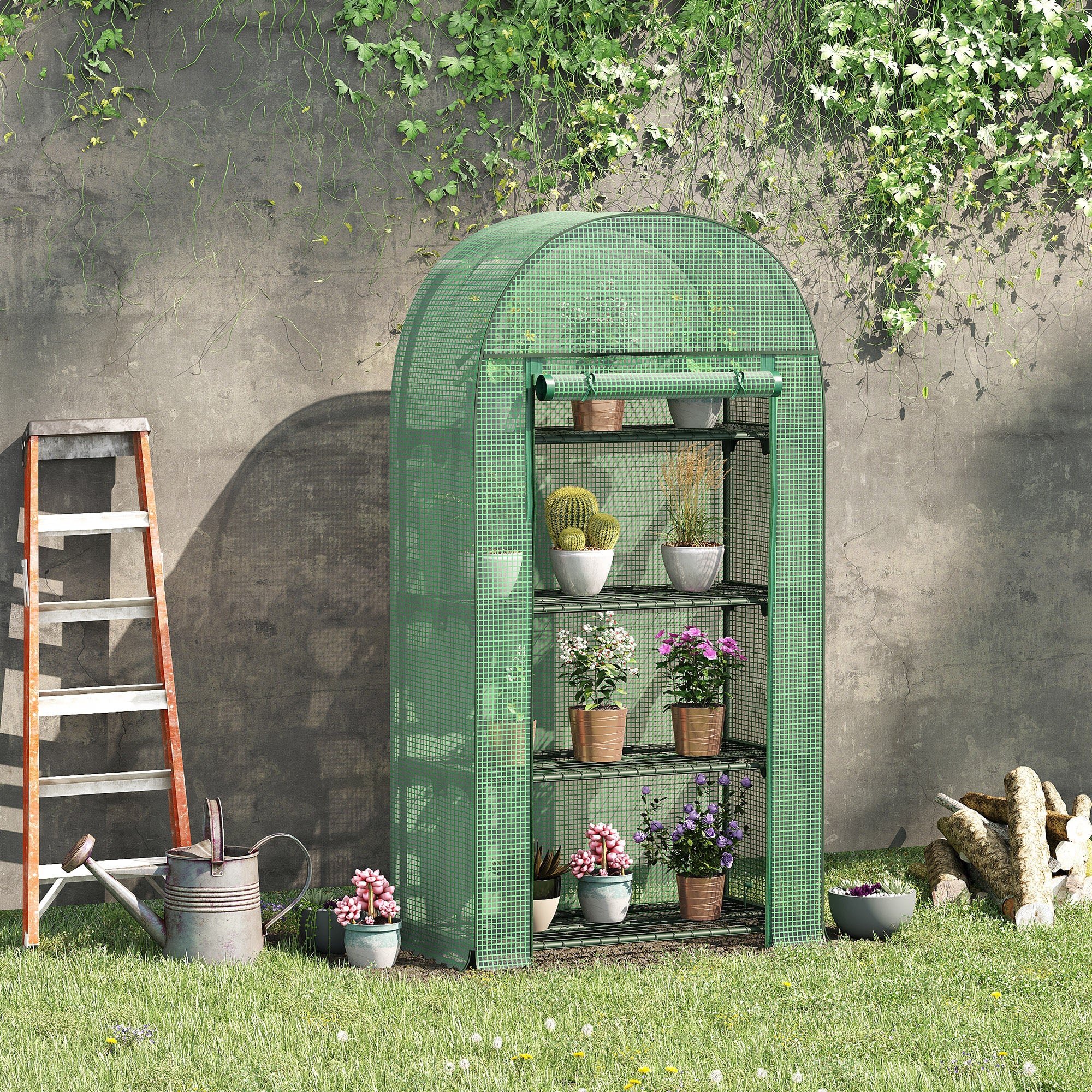 Portable Mini Greenhouse with Four Metal Shelves and Roll-Up Door - Green