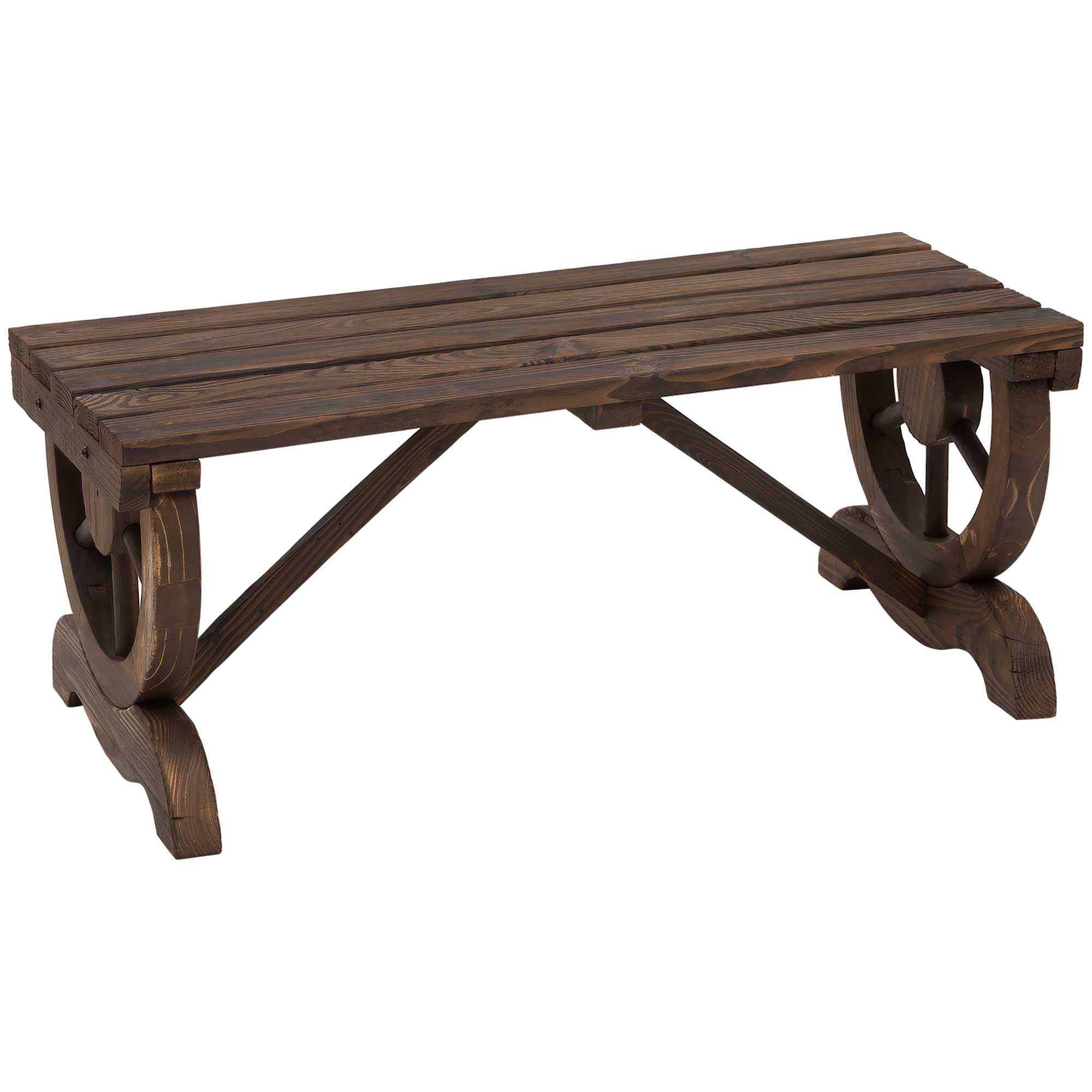 Rustic Garden Wooden 2-Person Bench with Wagon Wheel Legs and Slatted Seat - Brown
