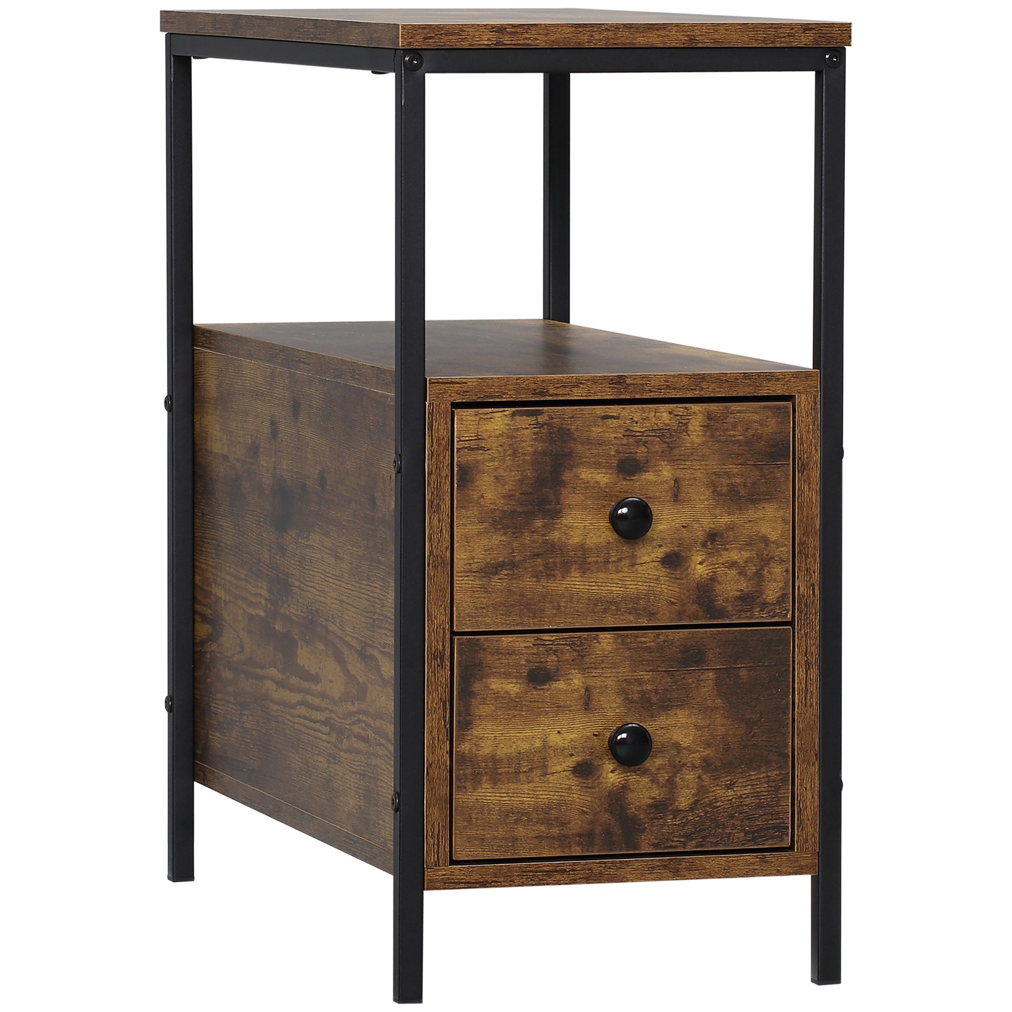 Narrow Rustic Brown Side Table with 2 Drawers and Storage Shelf