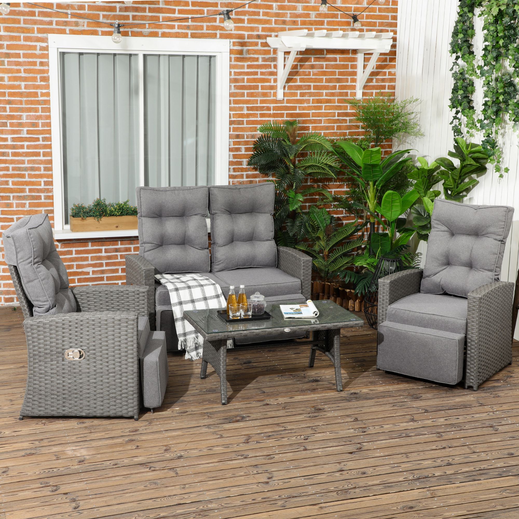4 Piece 4 Seater Rattan Garden Furniture Set with Reclining Armchairs and Glass Table - Grey