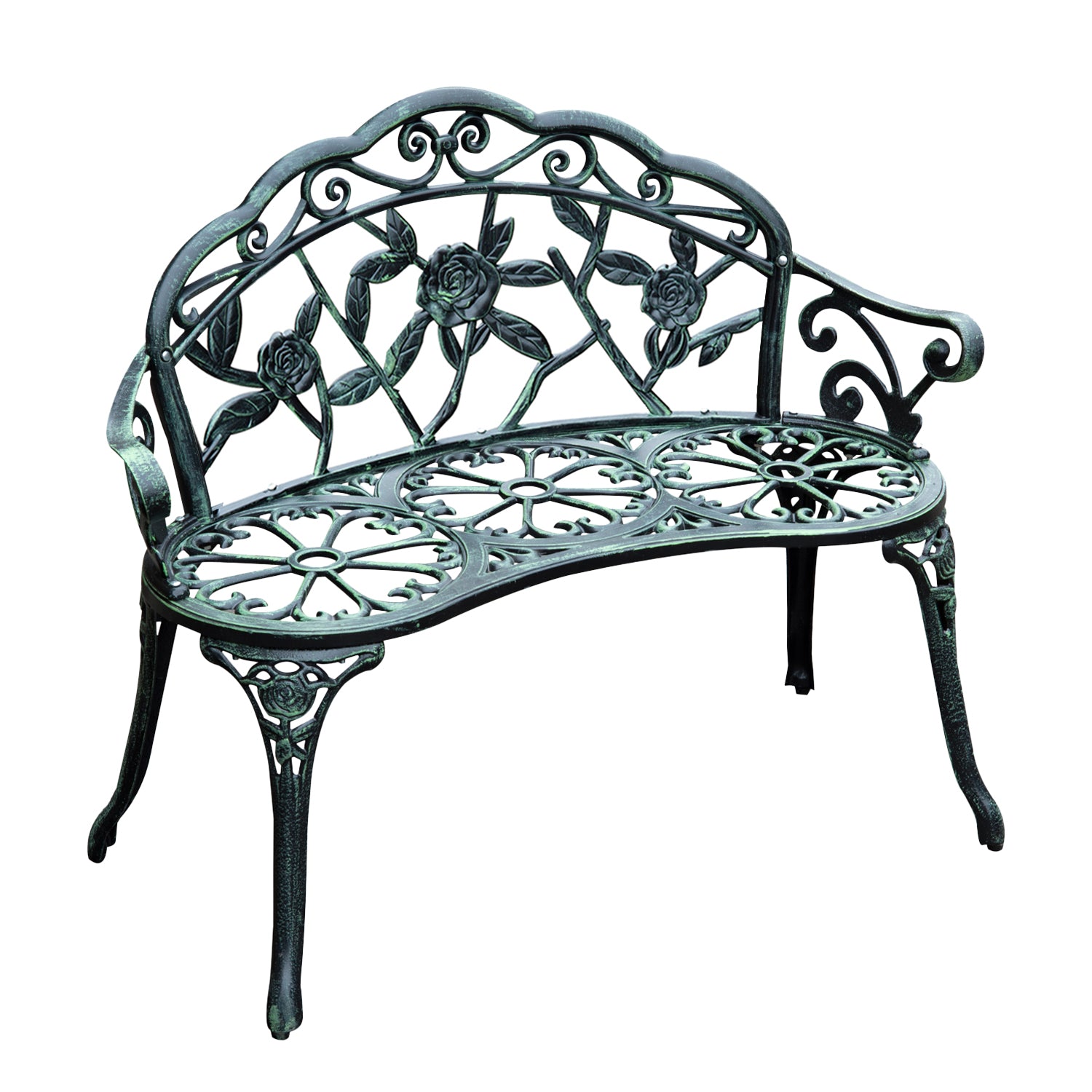Cast Aluminium Outdoor Garden Patio Bench with Antique Rose Design - Green