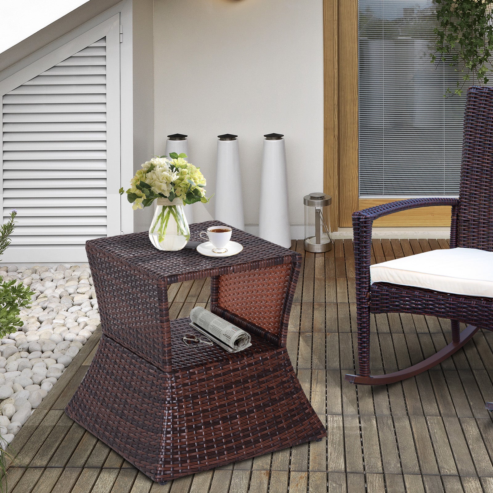Outdoor Rattan Wicker Coffee Table with Parasol Hole - Brown