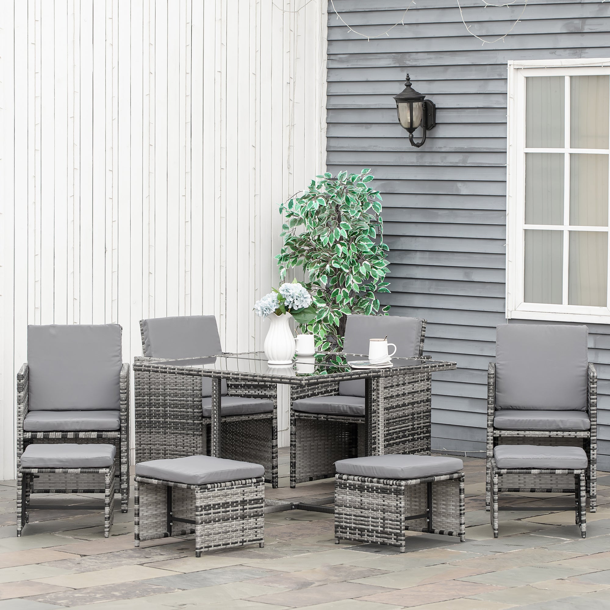 9PC Rattan Outdoor Patio Dining Table Set 8 Seater with Stools - Mixed Grey