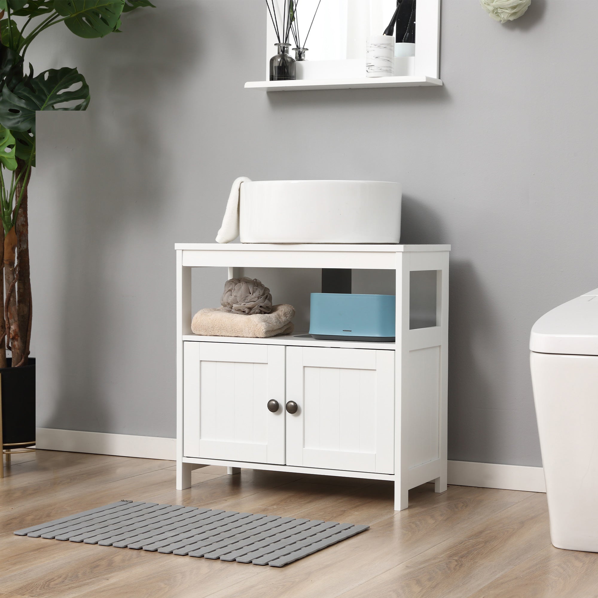 Modern Bathroom Vanity Storage Cabinet with Double Doors and U-Shape Cut-Out - White