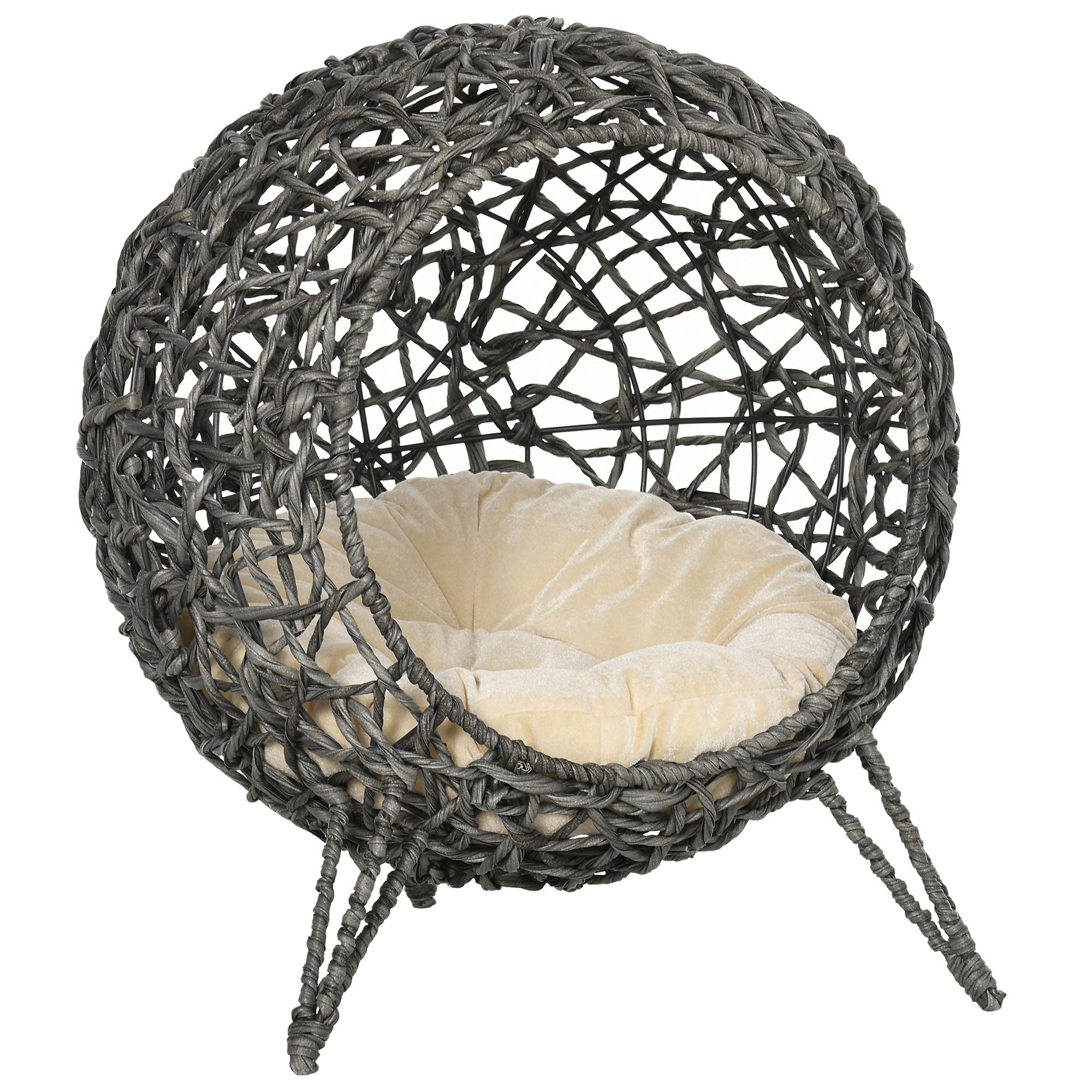 Rattan Elevated Ball-Shaped Cat Bed with Removable Cushion - Silver-Tone and Grey