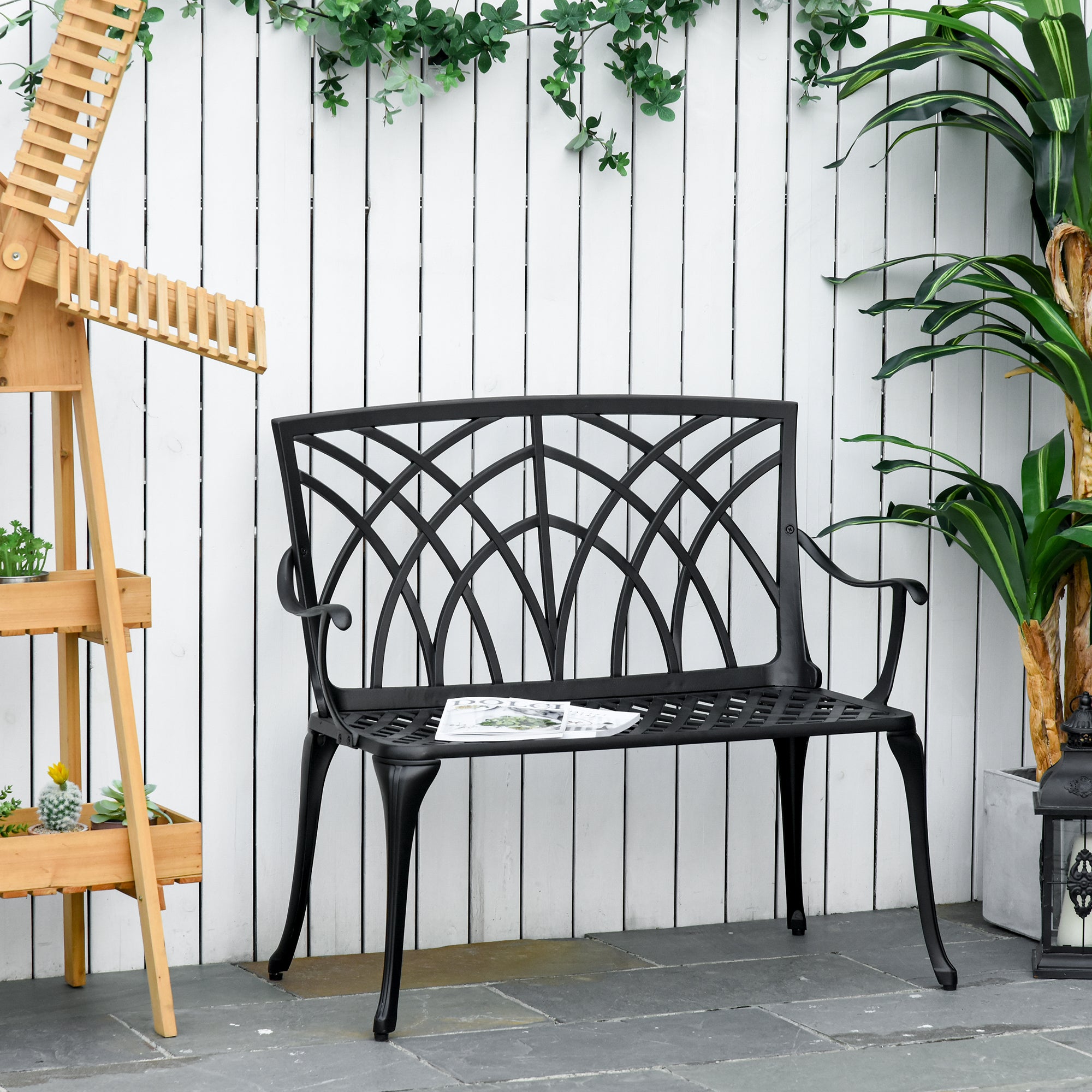 2 Seater Cast Aluminium Garden Bench with Decorative Backrest - Black