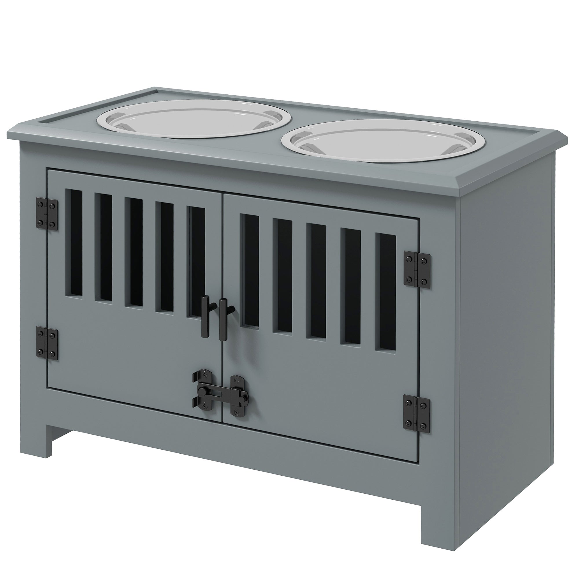 Raised Dog Feeding Station for Large Dogs with Storage Cabinet & 2 Stainless Steel Bowls - Grey