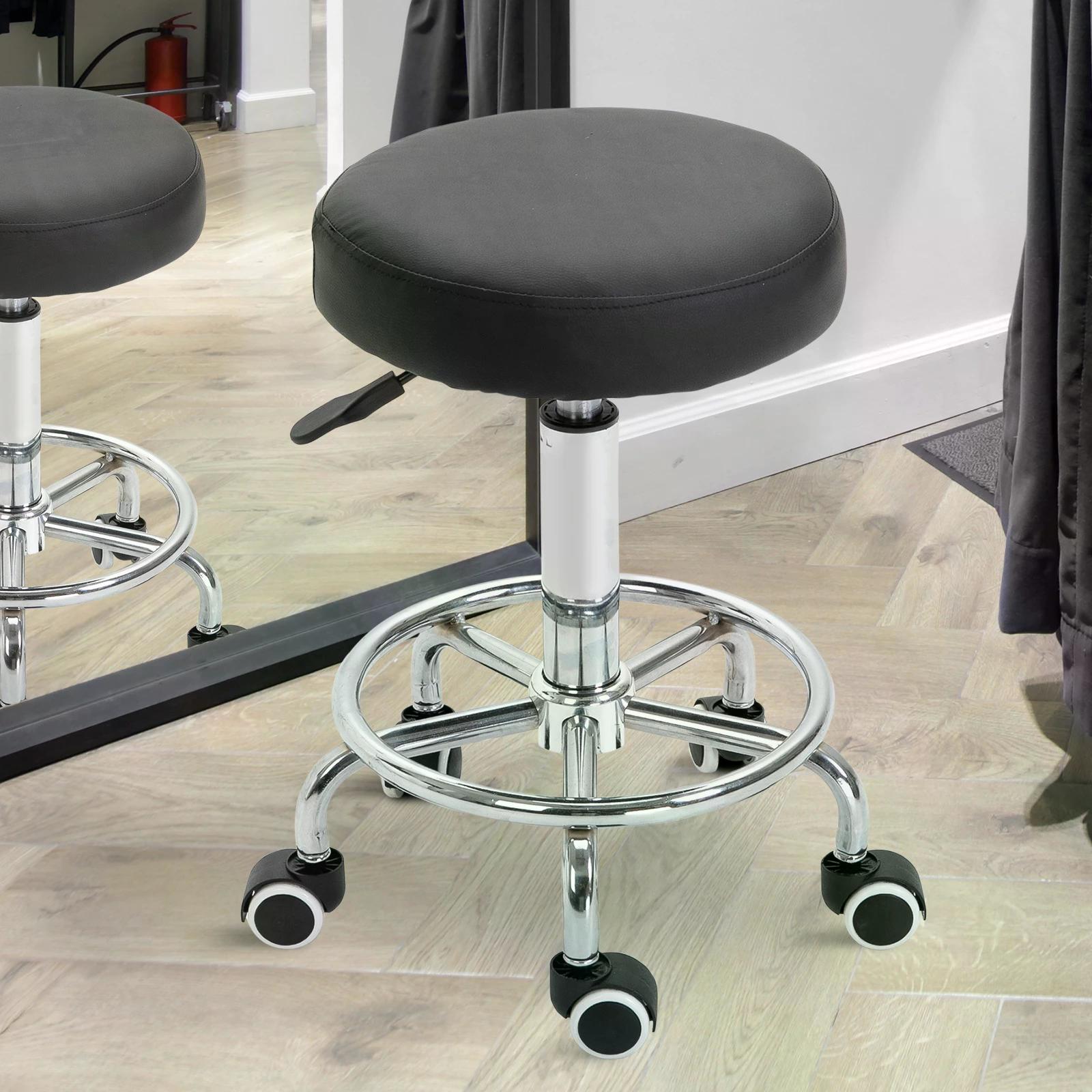 Height Adjustable PU Leather Swivel Salon Stool with Footrest - Black