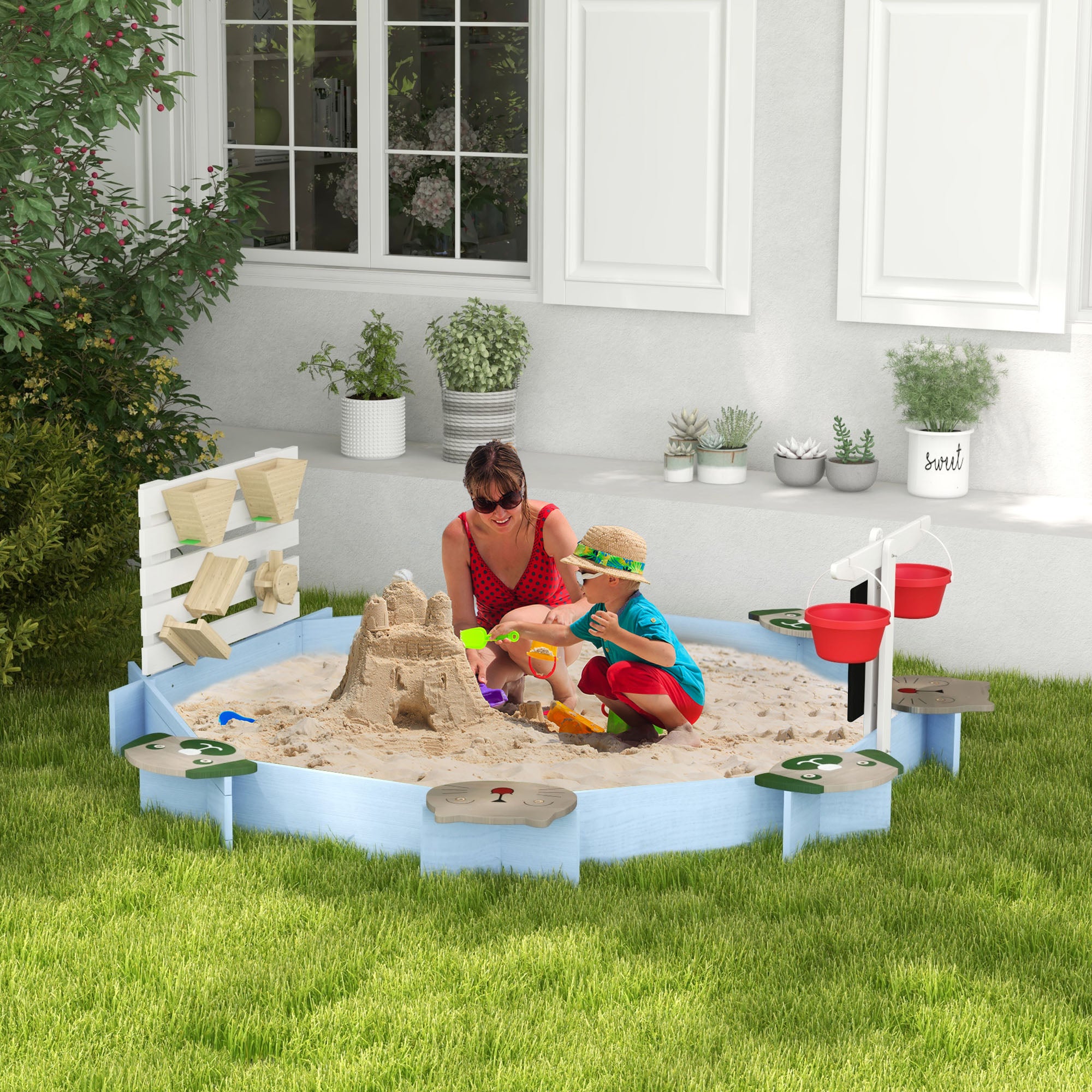 Wooden Kids Sandbox with 6 Seats - Blue