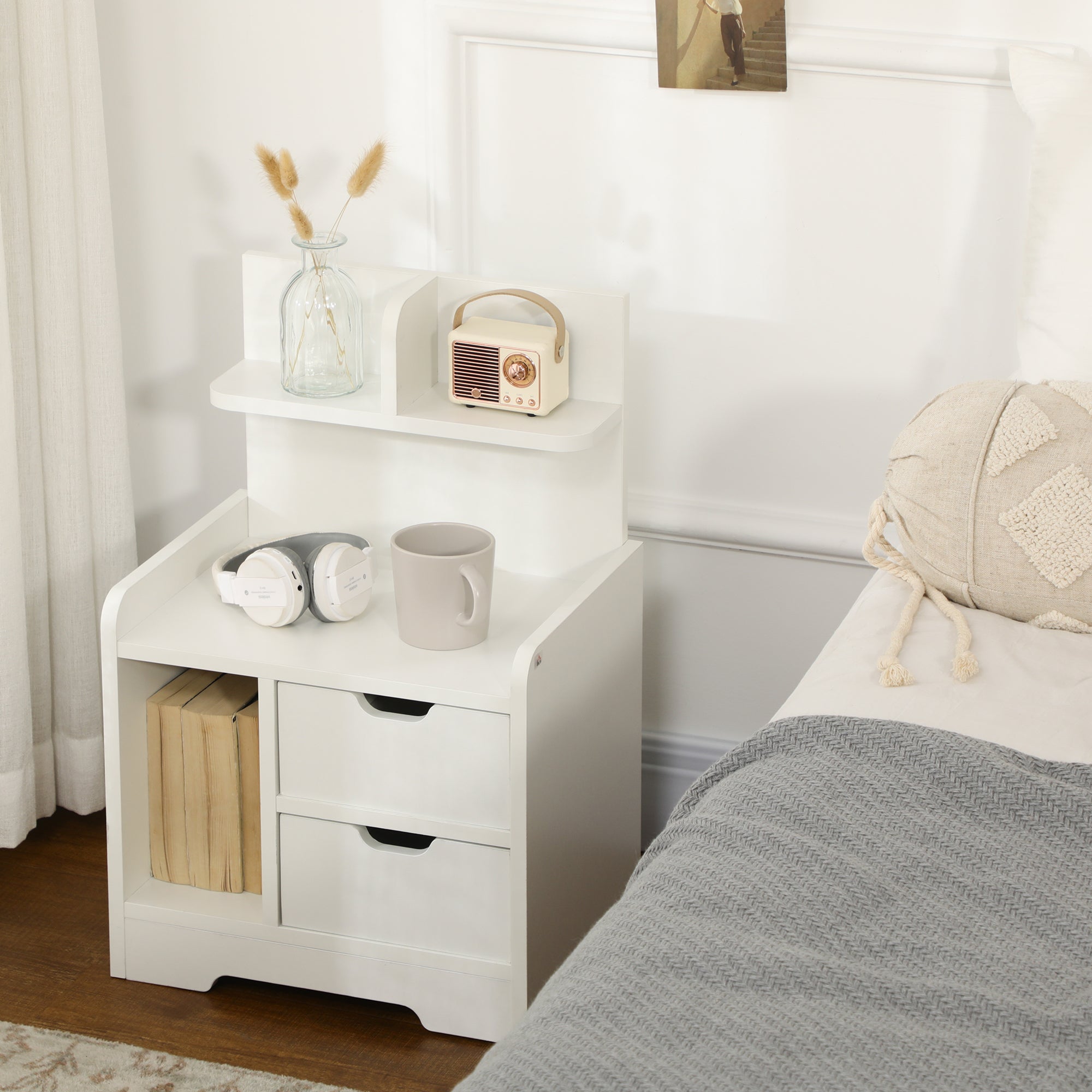 2 Drawer Bedside Table with Storage Shelves - White