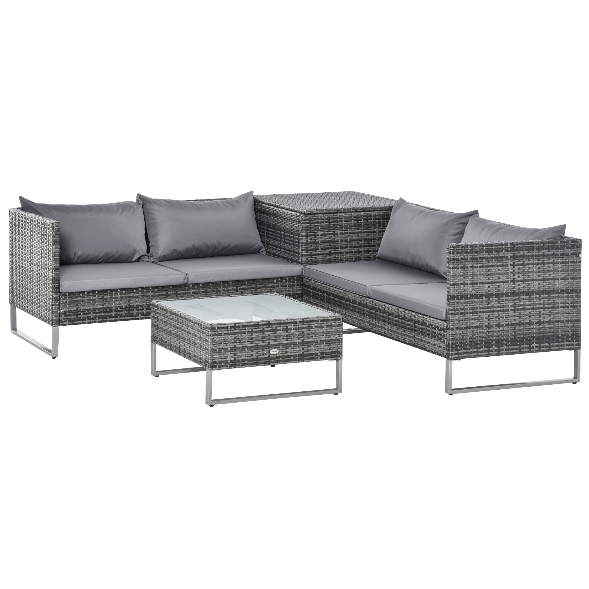4-Piece Garden Rattan Wicker Patio Corner Sofa Love Seat and Table Set with Cushions and Storage - Mixed Grey