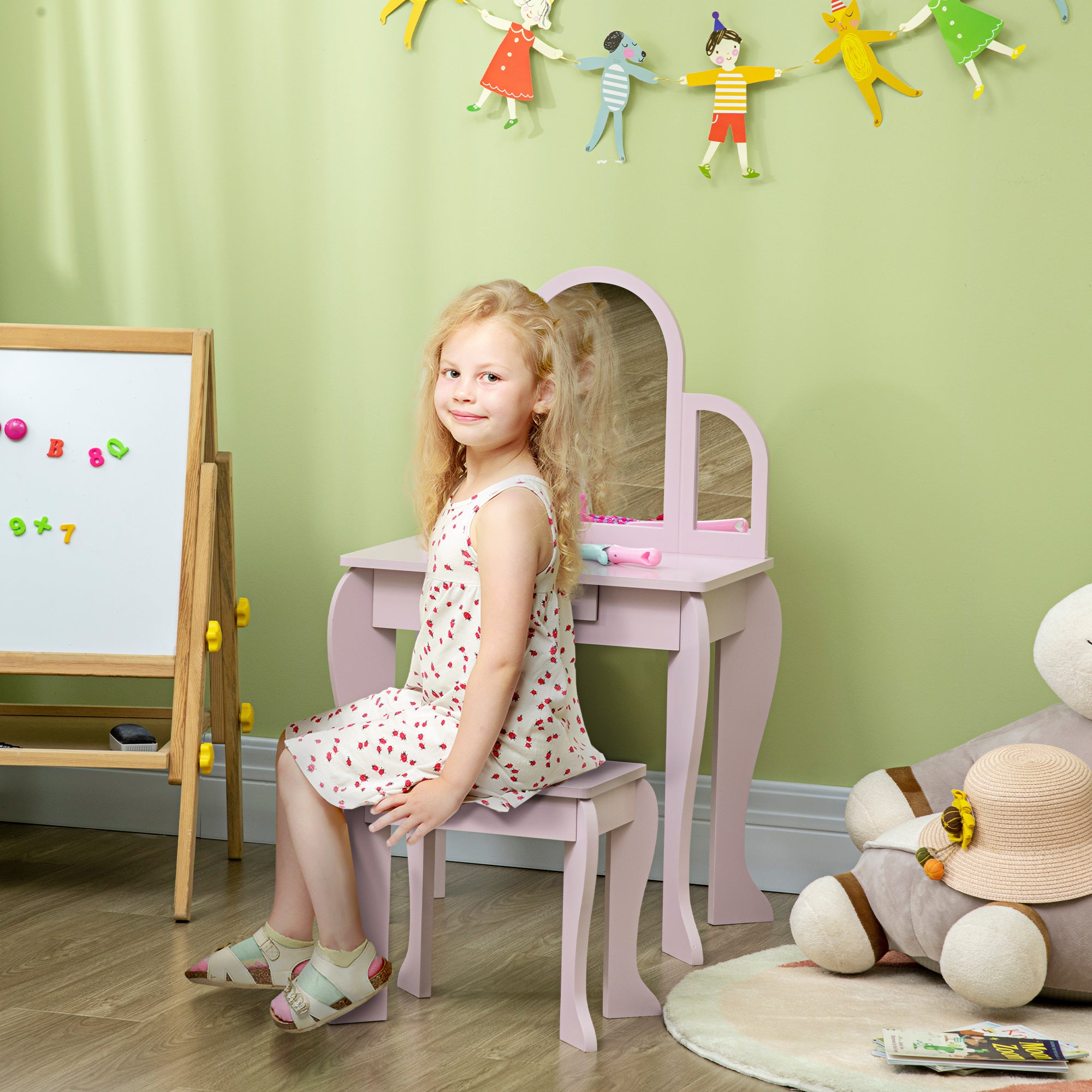 Kids Vanity Set with Mirror and Stool - Pink MDF Dressing Table