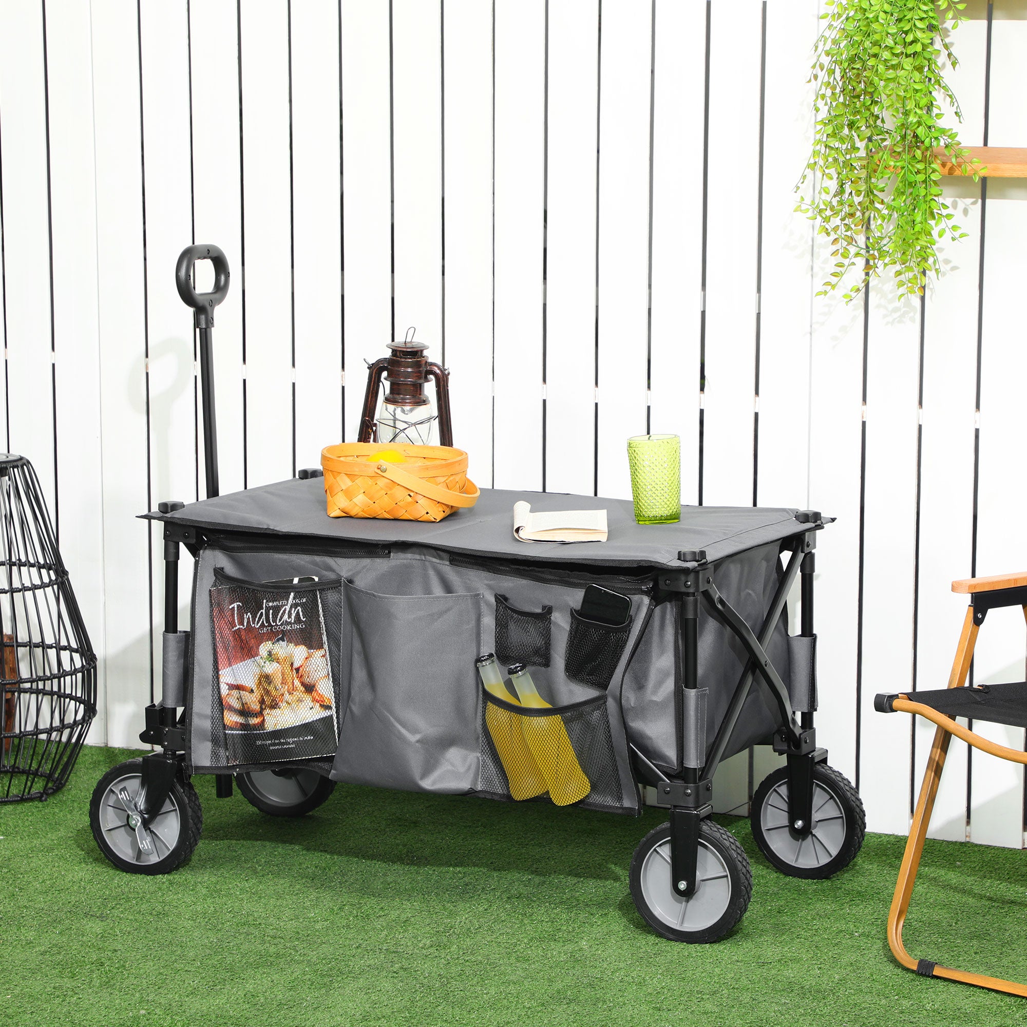 Folding Garden Trolley with Brakes and Steel Frame - Dark Grey